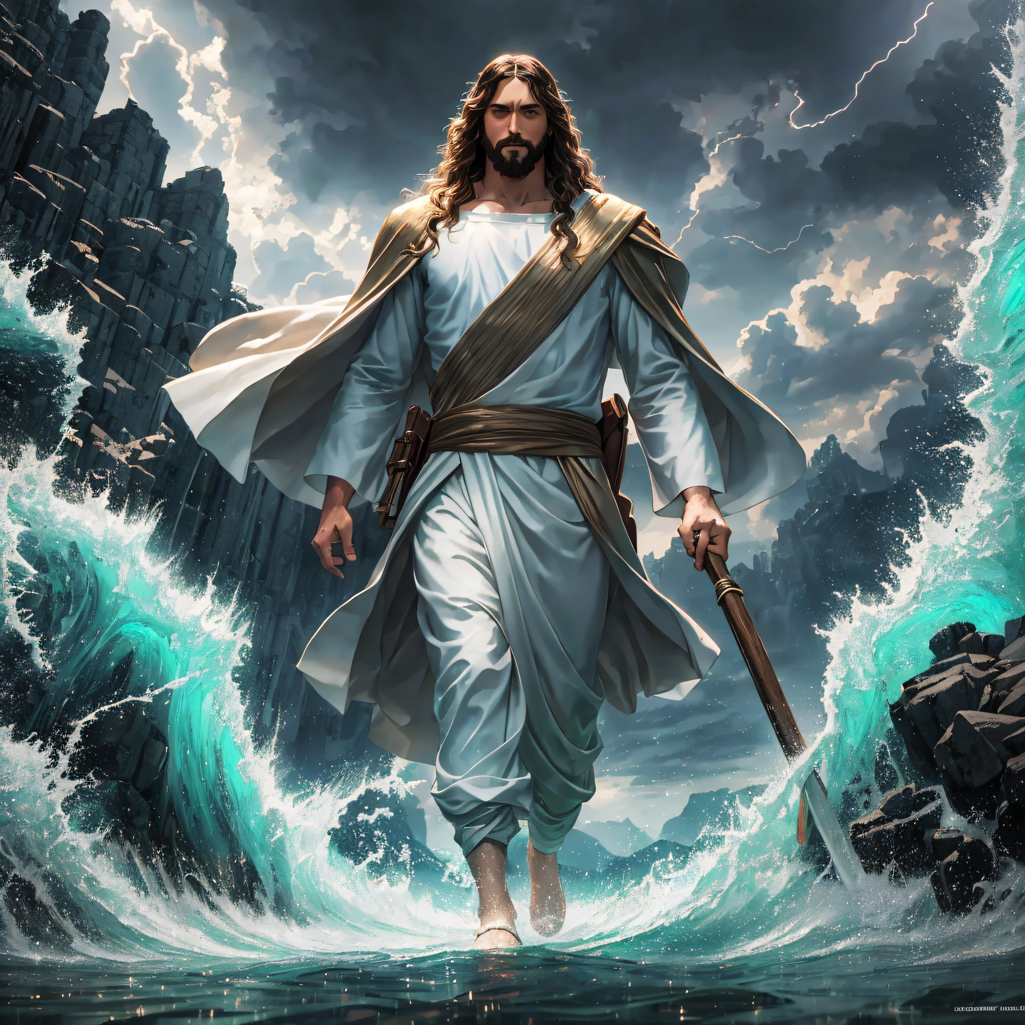 Jesus walking on water in a storm, gentle expression, streaks of light coming down from the sky, masterpiece, highest quality, high quality, highly detailed CG unit 8k wallpaper, award-winning photos, bokeh, depth of field, HDR, bloom, chromatic aberration, realistic, very detailed, trending at artstation, trending at CGsociety, complex, high detail, dramatic, mid-journey art, volumetric lighting --auto --s2