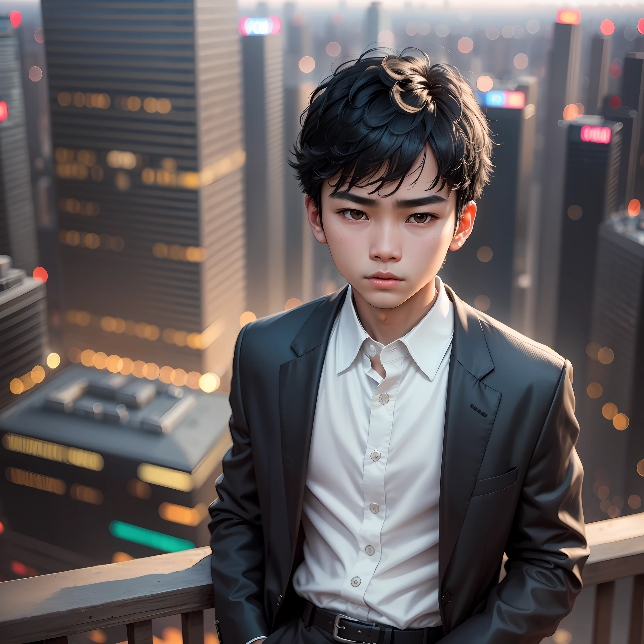 Nikon RAW Photo, 8 k, Fujifilm XT3, Masterpiece, Best Quality, Realistic, Realistic, Ultra Detailed, 1 Chinese Boy, 15 years old, Close-up portrait, Black hair covering bangs, Black eyes, cute face, Serious expression, Black blazer, White shirt, White shirt, Standing on the city skyline at night, --auto --s2
