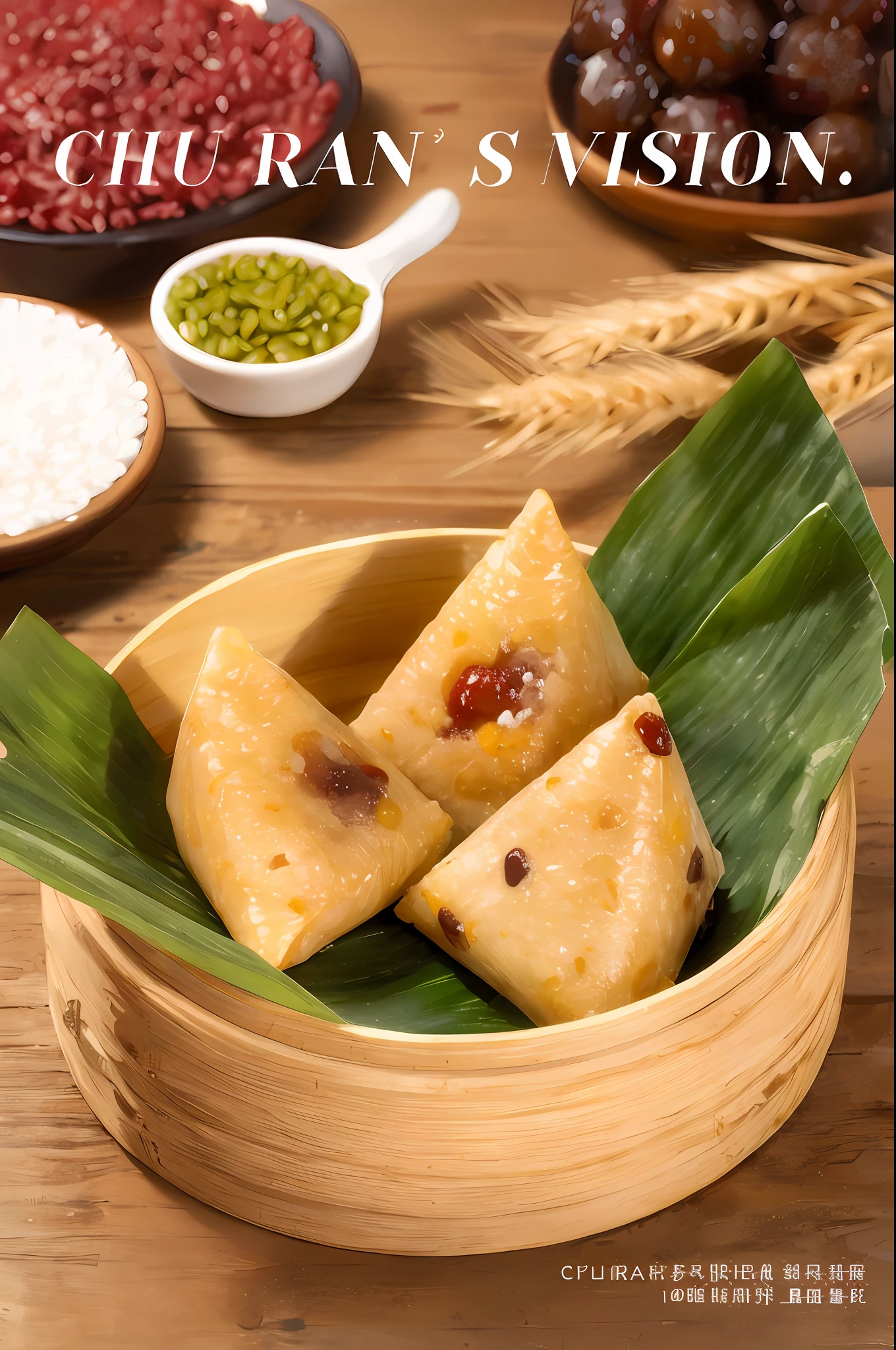 (Masterpiece, top quality, best quality, official art,), zongzi, white glutinous rice wrapped with red beans, food, ultra-fine 8K CG, warm