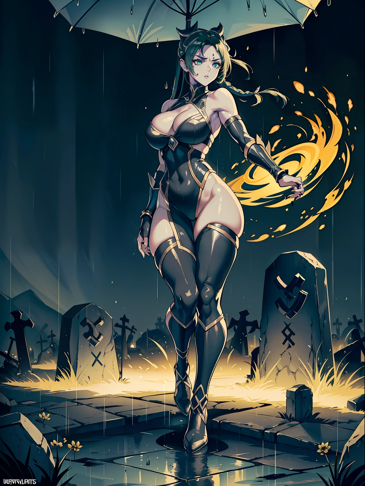 Mortal Kombat, (full body image:2), (1Princess Zelda+standing), (large breasts:1.5), (Wearing Mortal Kombat Game Character Scorpions:color:black+yellow detailsExtraordinarily tight on body:1.5), (she's inside a graveyard tonight, raining very hard:1.5), (blue eyes:1.3), (short green hair:1.3), is looking at the viewer, holding a Katana, attached to a chain, she's nervous, Eye-Level Shot, Mortal Kombat Style, 16k, best quality, high detail, UHD, masterpiece, anatomically correct