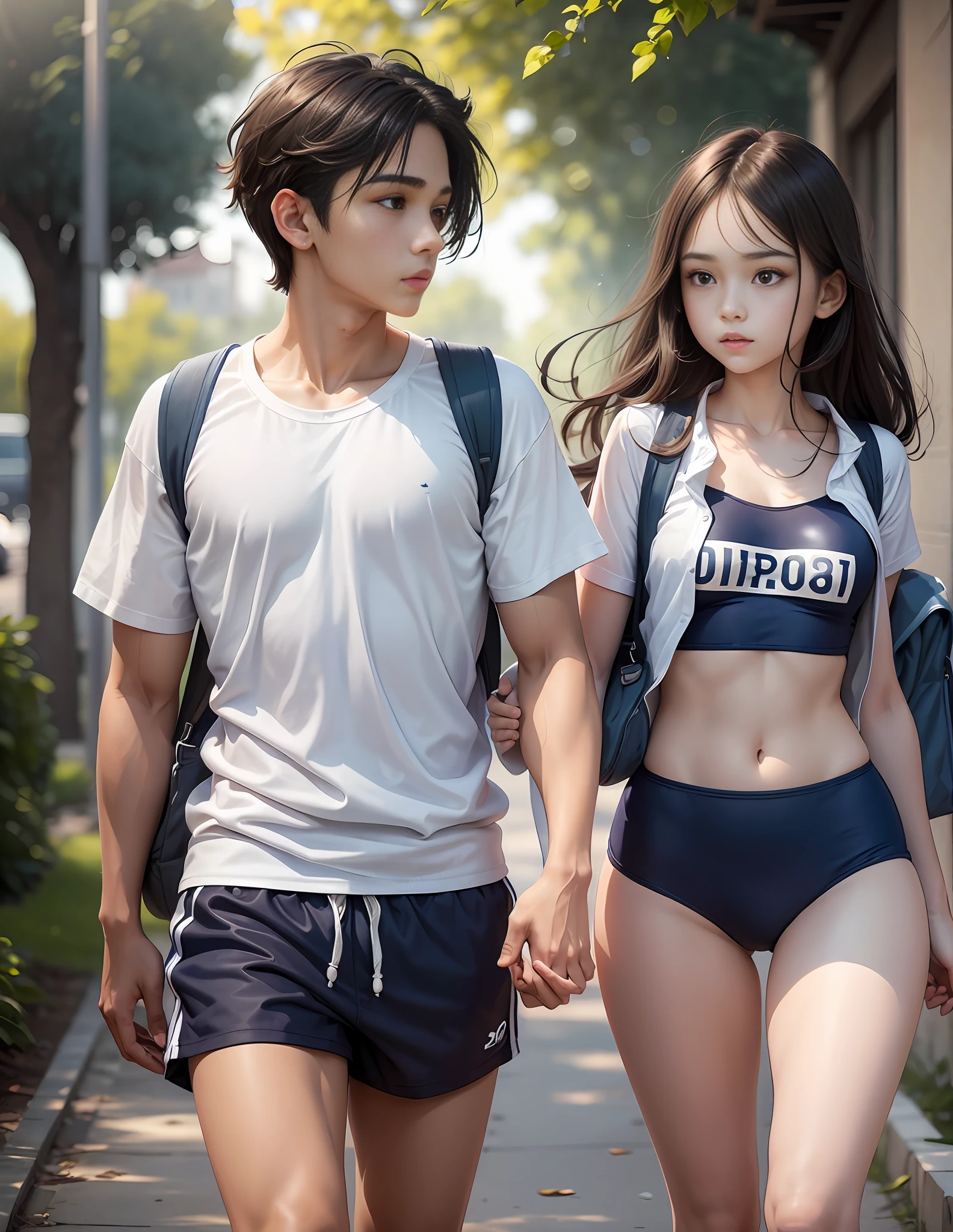 Picture of cute age girl in navy blue school swimsuit and teenboy wearing gym uniform white t-shirt and navy blue bottoms walking to school hand in hand --auto --s2