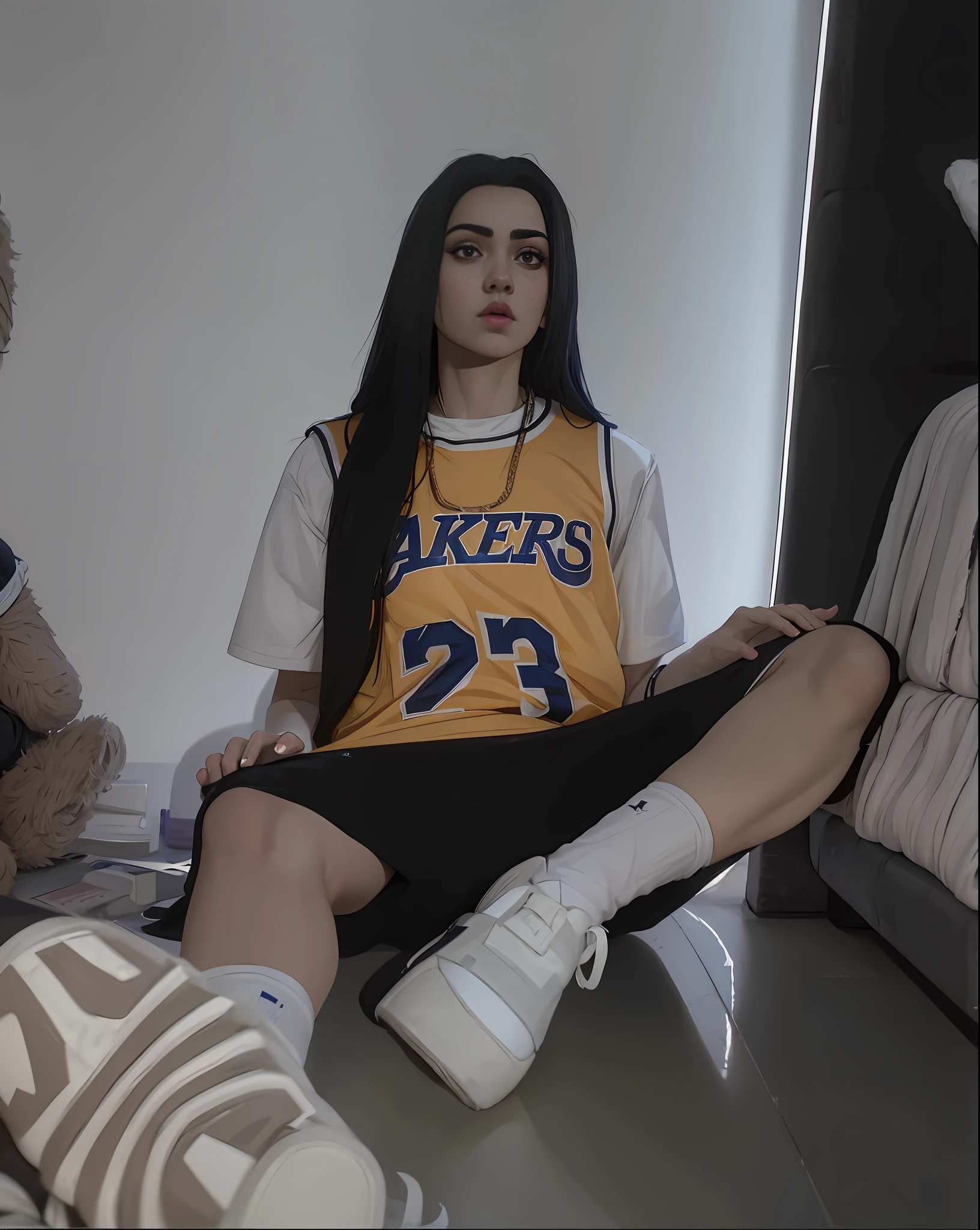 arafed woman sitting on a chair with a teddy bear, wearing nba jersey, wearing basketball jersey, she is wearing streetwear, sporty, low quality photo, 2 k aesthetic, wearing a fisher 🧥, billie eilish, 18 years old, wearing a volleyball jersey, profile pic, woman in streetwear, trending on r/streetwear, 🔞🤡