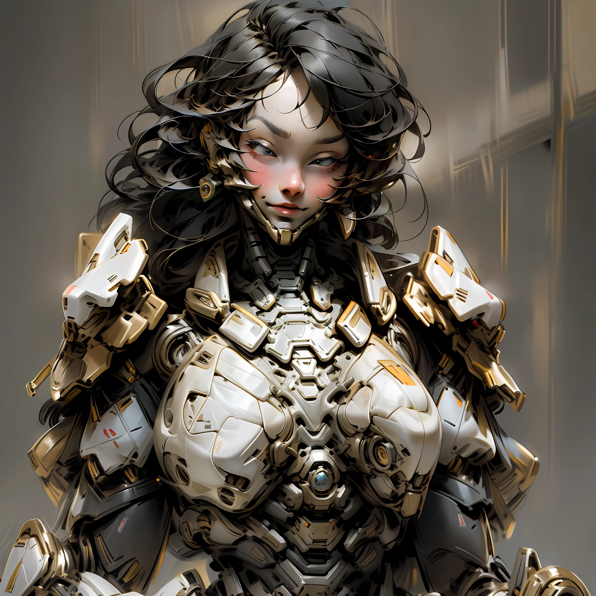 Beautiful tall woman with robotic armor with super realistic and well detailed black hair