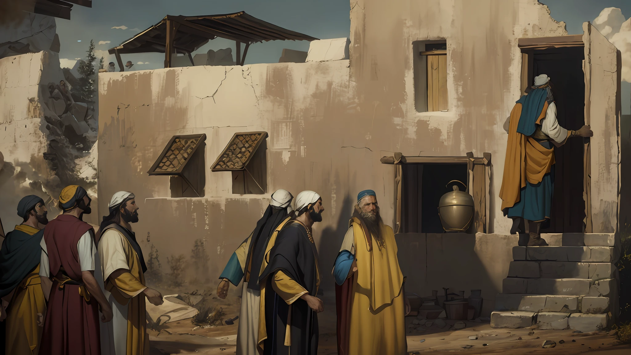 Oil painting, there is a house, a group of men in front of the house looking at home, epic biblical representation, 8k uhd, cinematic lighting, high quality, --s2
