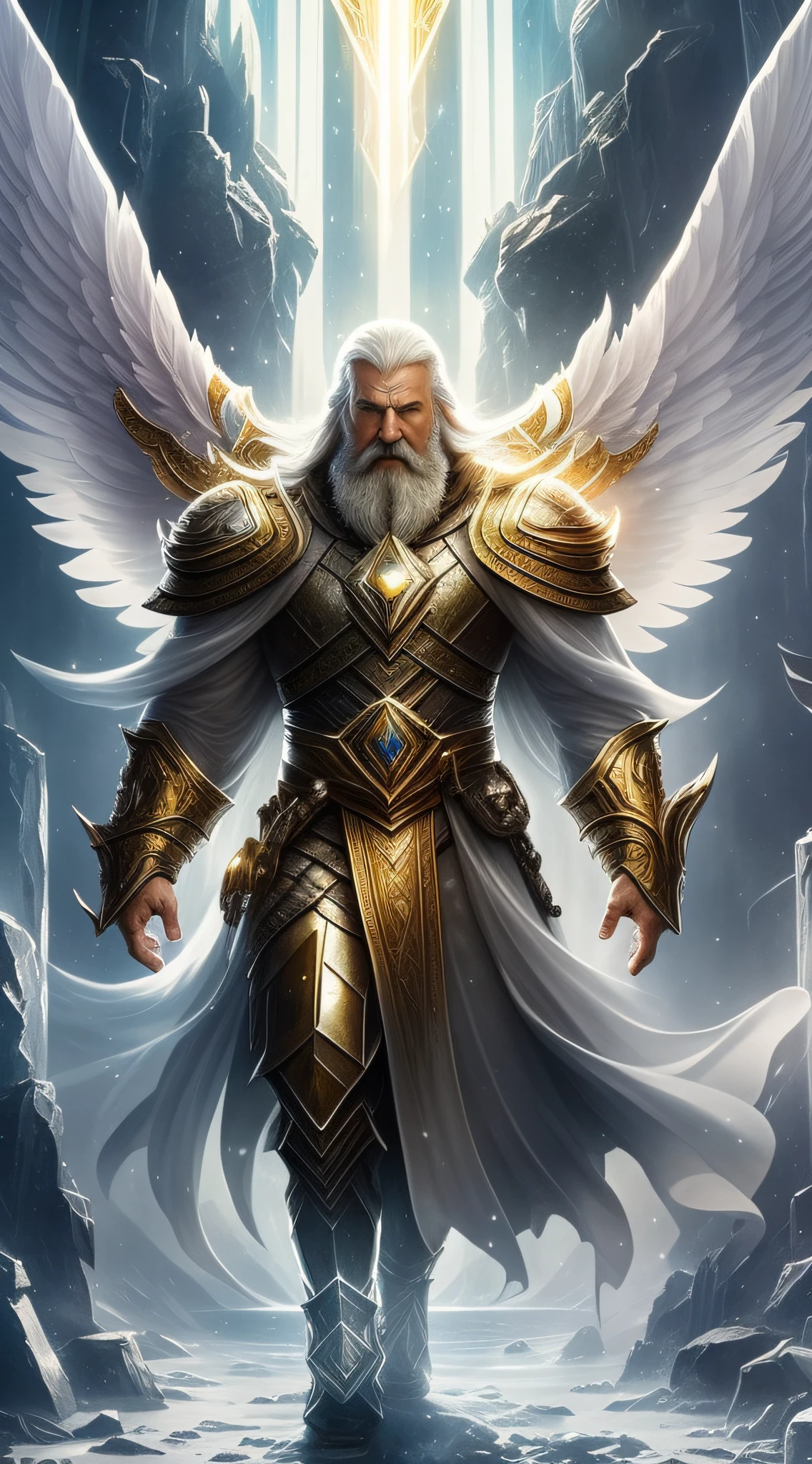 super high resolution, best quality, photo, 8k, (photorealistic: 1.2), cinematic lighting, An old man shaped like a fantz wlop, giant man with beard in bright white robes and floating on the crystal throne floating on crystal clouds, yellow eyes, bright yellow light emitted from the throne, precious stones floating in the sky, God, with beams of light enveloping his body, with large translucent, feathered wings on the crystal throne, wings are open, golden light (halo:1.2) over your head, abdominal muscles dressed in medieval golden armor, beard, masculine, dark, masterpiece, best quality, intricate details, snow environment and crystals in the background, crystal cathedral, portal of the future, 3D light, HD, magic, god of light, backlighting, detailed face, DREAD, depth of field, soft lighting, tone mapped, highly detailed, concept art, smooth, sharp focus, dramatic lighting, highly detailed art, cinematic, 8K, amazing shadows (highly detailed background: 1.2) --auto --s2