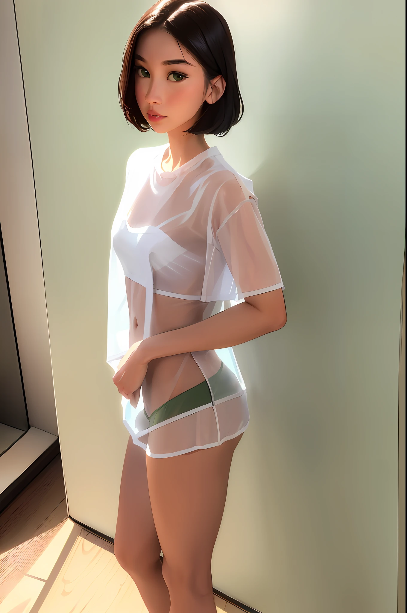 full body, sam yang,
((realistic, seductive face, adult look)), (transparent white shirt, green underwear, short clothes), (22 years old), (1 girl), (4k style)), ((masterpiece))