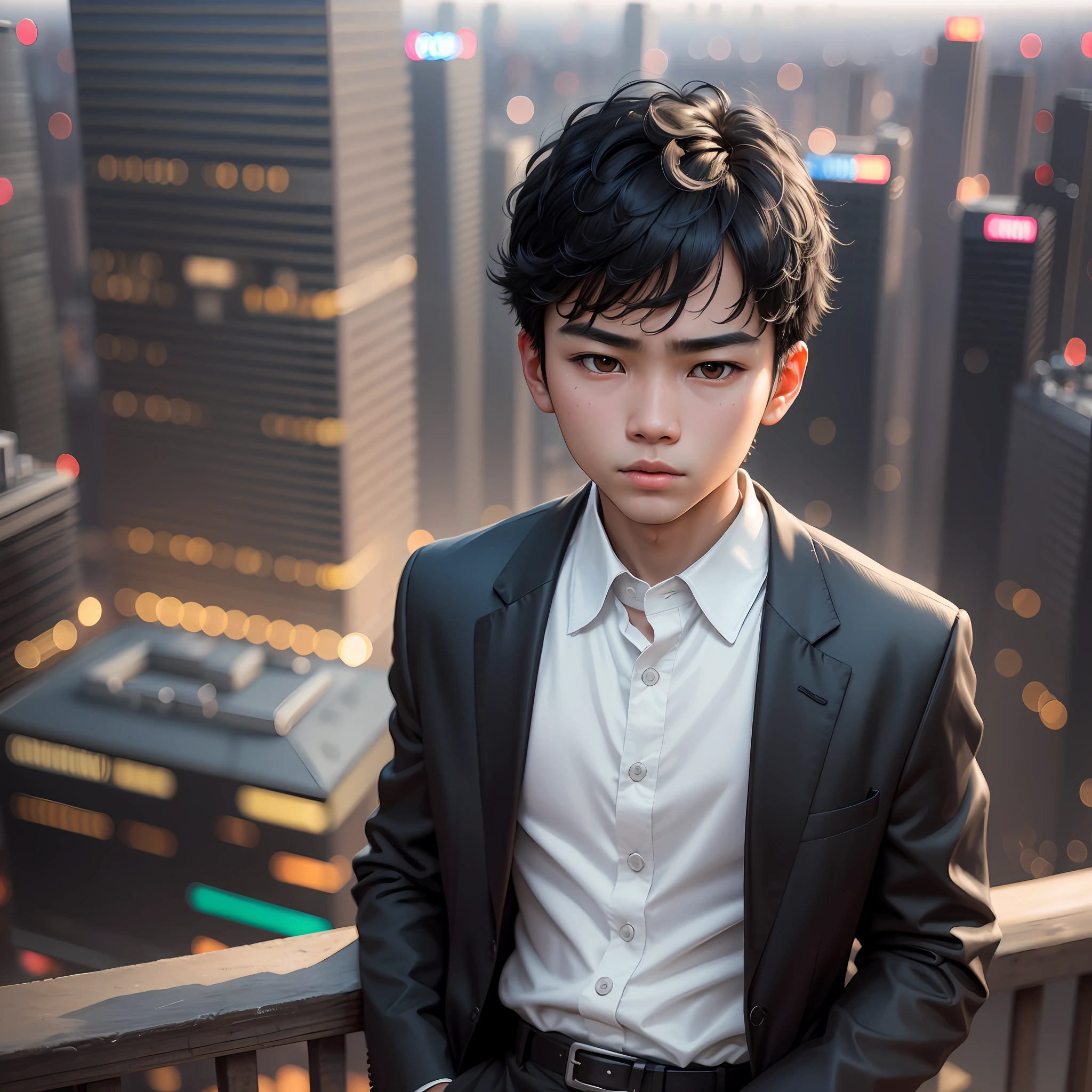 Nikon RAW Photo, 8 k, Fujifilm XT3, Masterpiece, Best Quality, Realistic, Realistic, Ultra Detailed, 1 Chinese Boy, 15 years old, Close-up portrait, Black hair covering bangs, Black eyes, cute face, Serious expression, Black blazer, White shirt, White shirt, Standing on the city skyline at night, --auto --s2