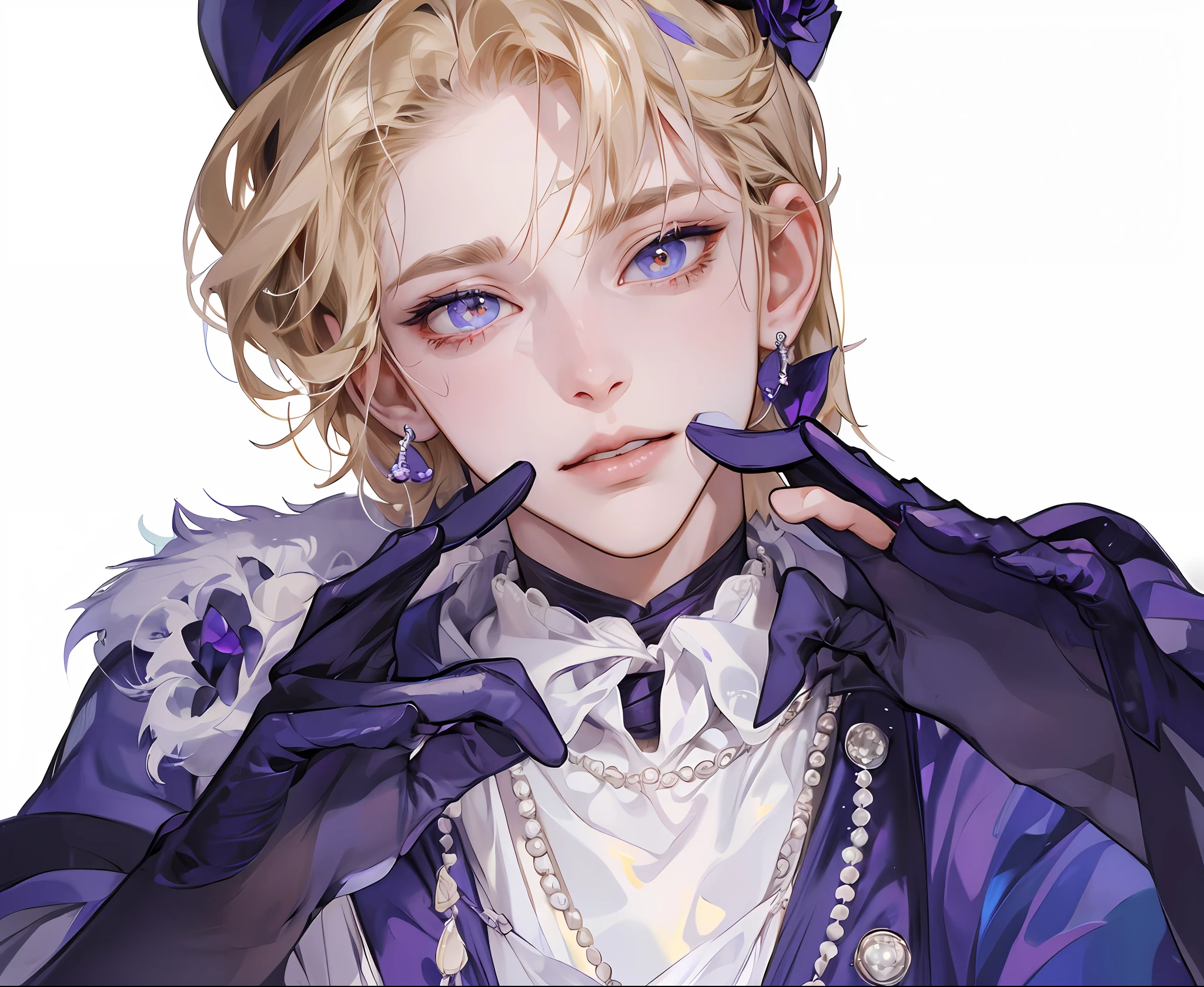 ((Young Men)), bust, upper body, dark purple gloves, blonde hair, amber eyes, laughter, earrings, (extremely clear and delicate depiction of facial features), ((delicate eye portrayal)), dramatic composition, cinematic lighting, extreme detail, high resolution, dynamic pose, look at the camera, extreme detail, high definition, man, manly, royal blue silk shirt, dark purple berets, pearl necklace