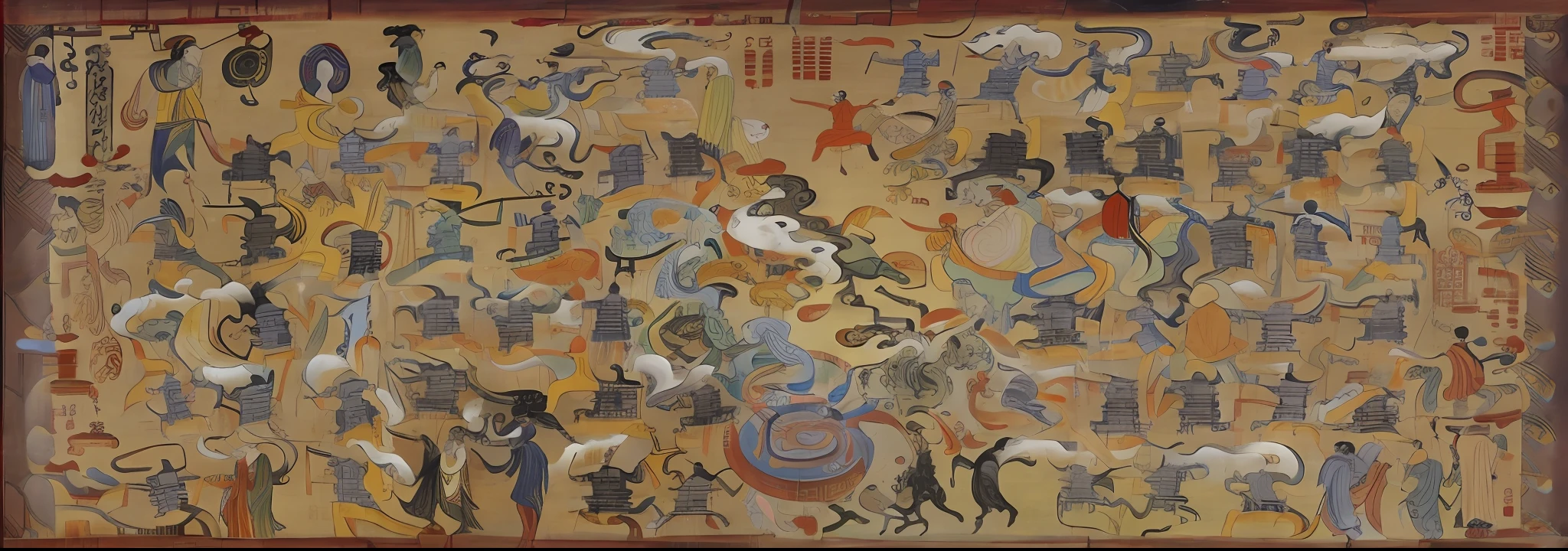 a close up of a painting of a group of people, chinese mythology, artwork in the style of z.w. gu, chi-gong, inspired by Sesshū Tōyō, tibetan painting, inspired by Tawaraya Sōtatsu, inspired by Yun-Fei Ji, korean mythology, tibetan book of the dead