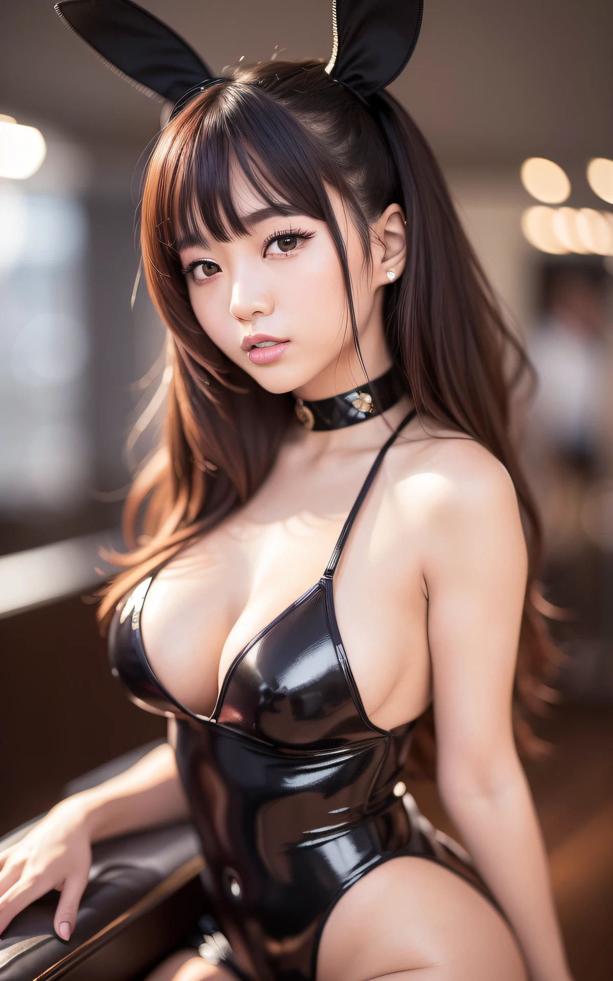 ((16k, RAW photos, top quality, masterpiece)), high-definition RAW color, photo professional close-up photos, (realistic, photorealism: 1.3), ((erotic, sexy, pantyhose, ultra high resolution, bright lighting, precise hands)), (NSFW)), detailed eyes, erotic, fine skin, (cute: 1.2), (bunny girl)))),collarbone, ( JPOP Idol)), ((Real Girl, Realistic Face, Neat, Seductive Posture, Attractive, Sexy Pose: 1.2)), Shiny Bodysuit, (Casino Background: 2.0), Asian Girl