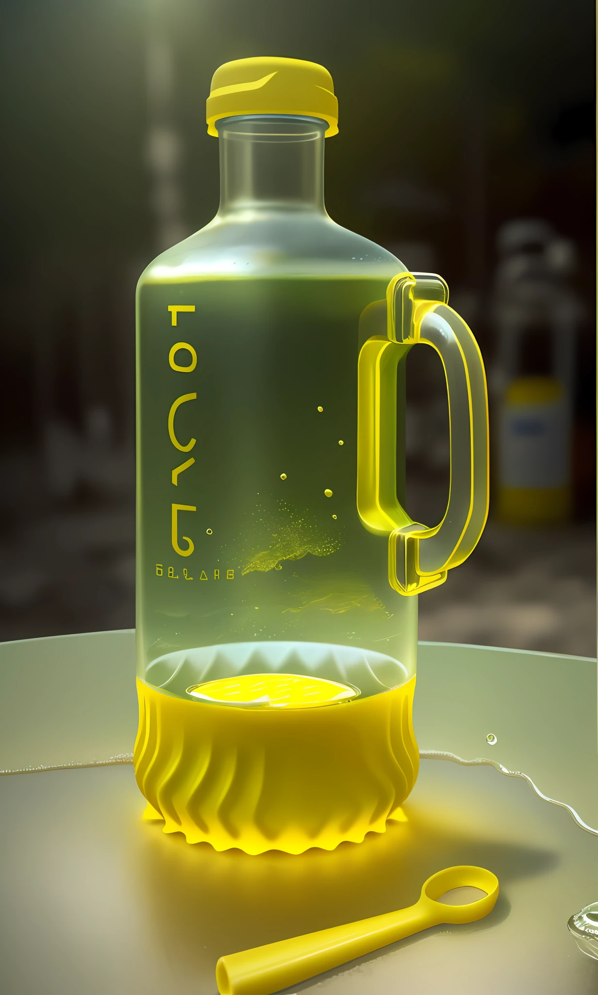 Industrial design, drinking bottle, ((handle and bottom are made of yellow plastic)), masterpiece, picture quality HD, beach background by the sea, blurred background, sunlight, half bottle of water, tea leaves floating on the surface of the water