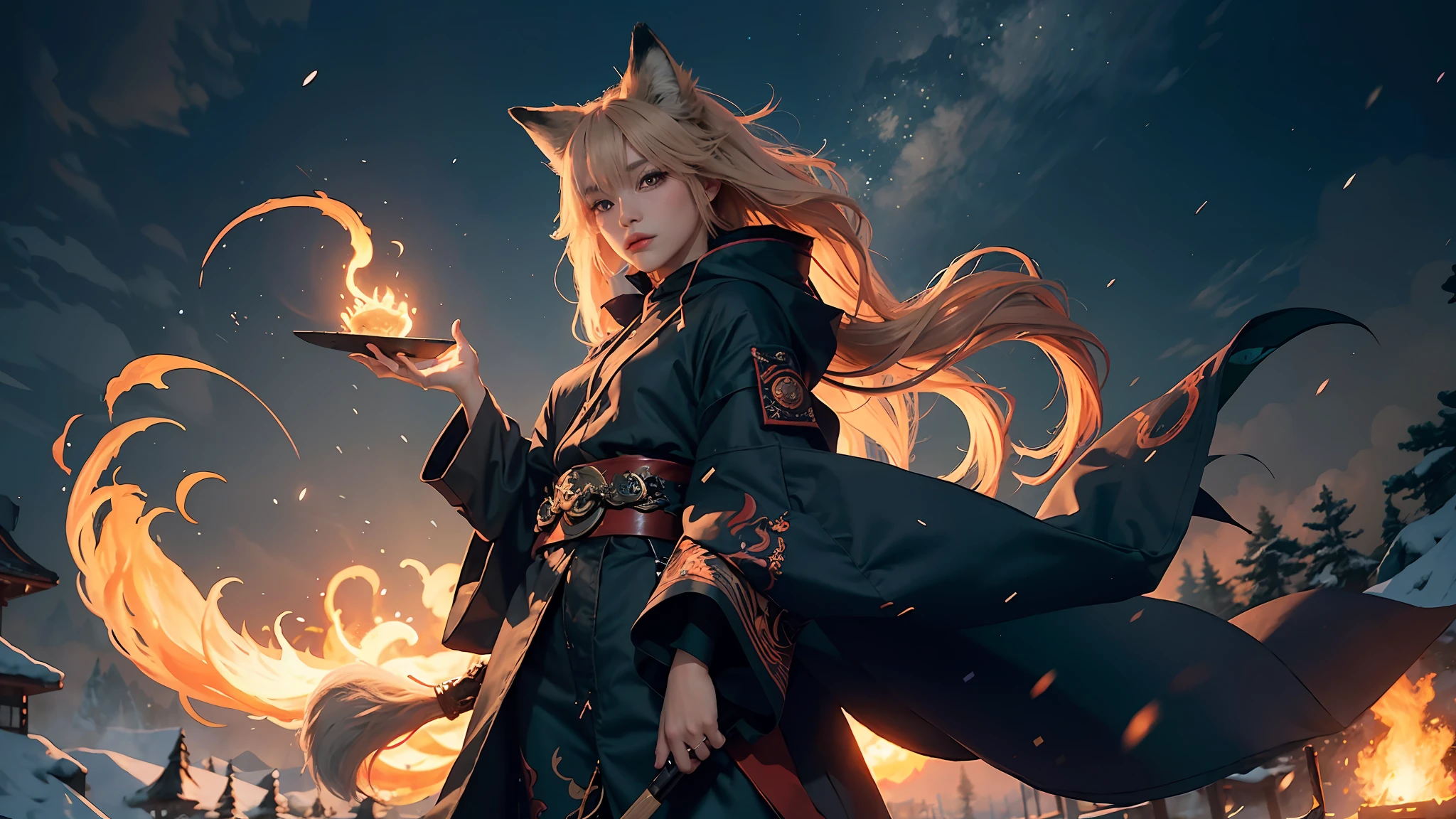 1girl,solo,
official art, unity 8k wallpaper, ultra detailed, beautiful and aesthetic, beautiful, masterpiece, best quality,
Kitsune witch, fox mask, haori jacket, foxfire spell, fox familiar, transformation,
