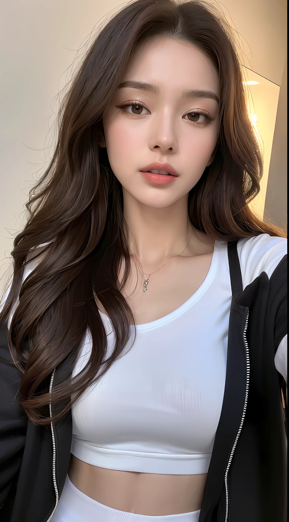 (Best Quality, High Resolution, Masterpiece: 1.3), A tall and beautiful woman, slender abs, dark brown hair, loose wavy shape, breasts, white T-shirt covered by open black varsity jacket, sweatpants, evening, details of face and skin texture beautifully presented, detailed eyes, double eyelids