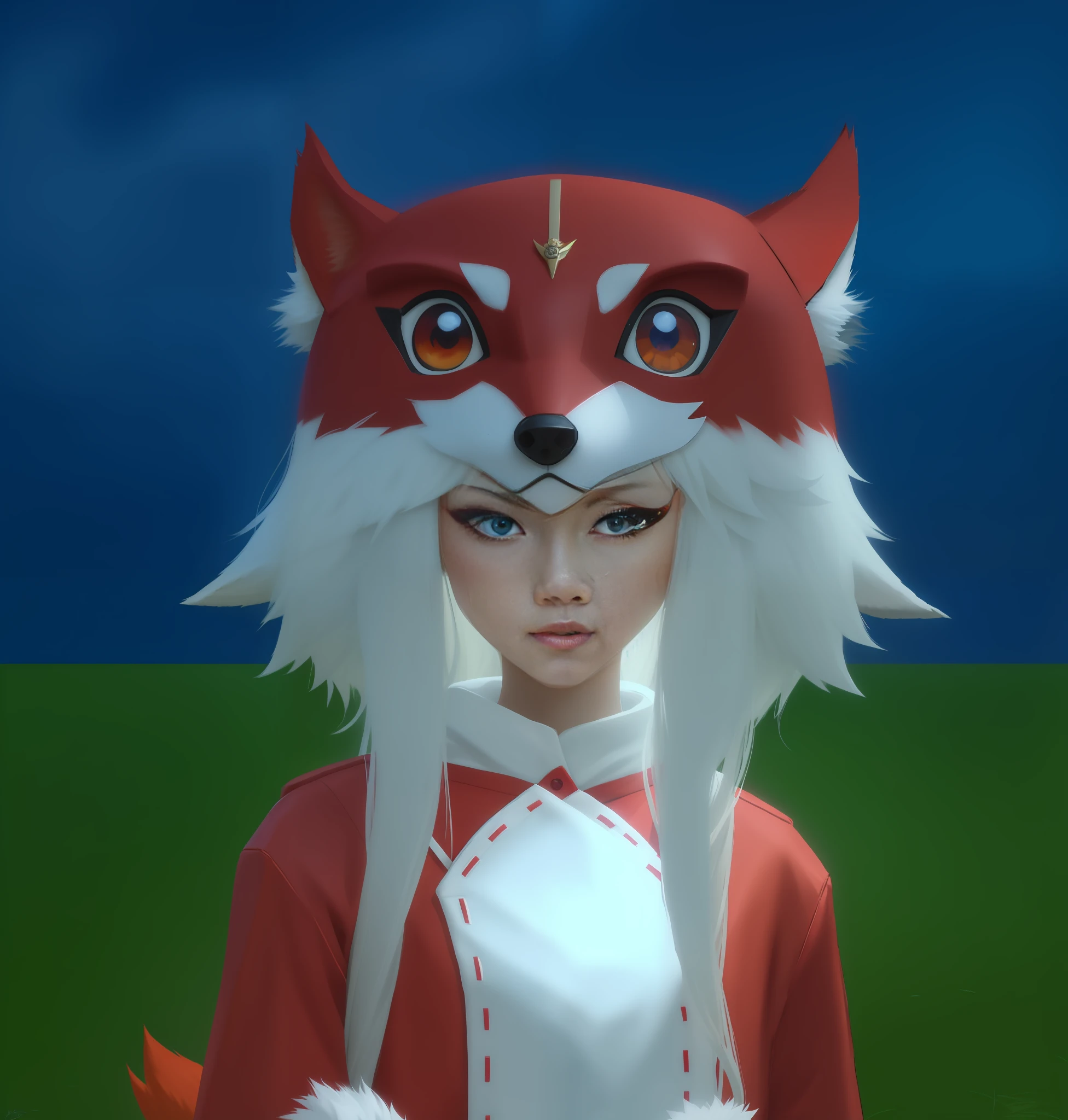 A closeup of a person wearing a fox mask and a red jacket, with kitsune mask, kitsune mask on the head, nobushi fox, foxgirl, kitsune, girl with fox ears, wearing a kitsune mask, a beautiful fox lady, a beautiful kitsune woman, holo is a wolf girl, female fox, kitsune mask, fox ears, blue eye