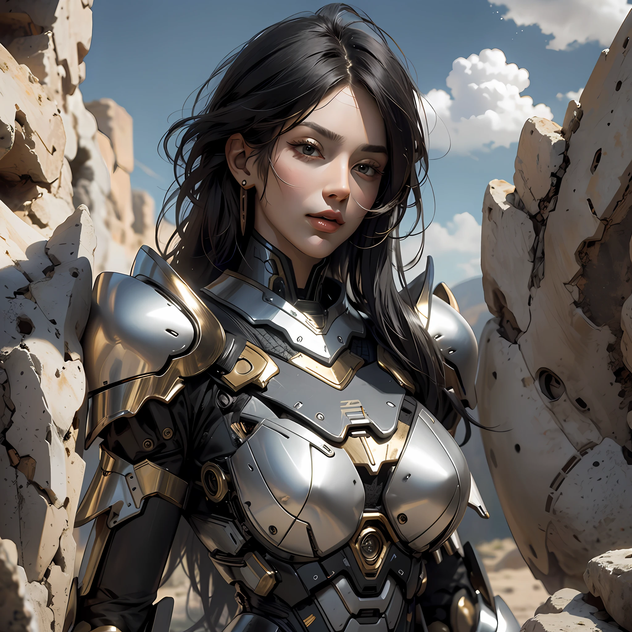 Beautiful tall woman with robotic armor with super realistic and well detailed black hair