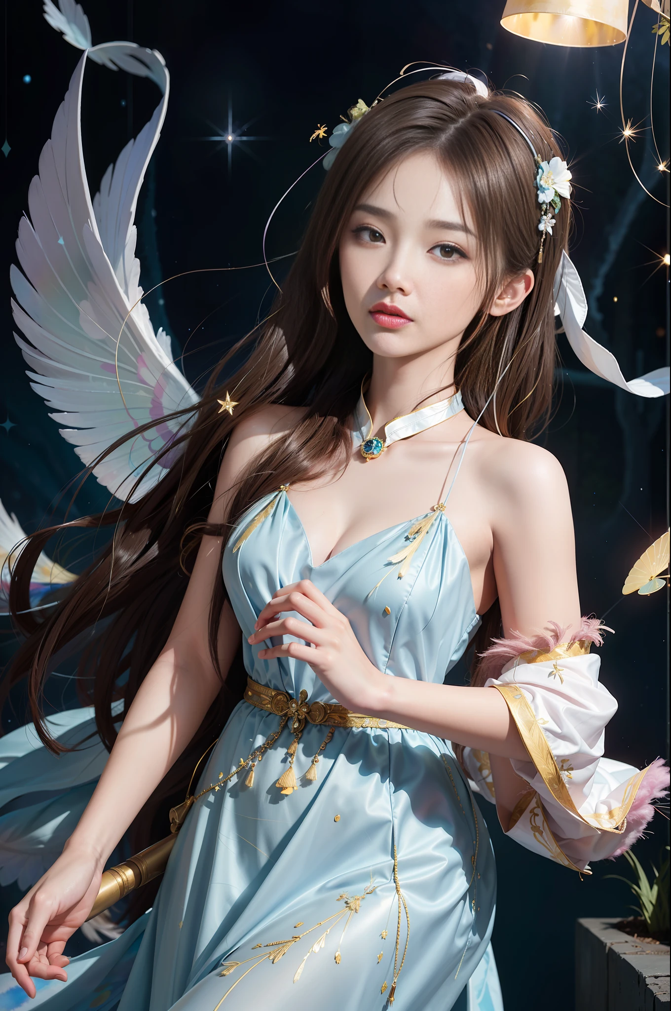 (Masterpiece, top quality, best quality, ultimate detail, supreme detail, official art, Beauty and aesthetics: 1.2), colors, denim lens, upper body shot, beautiful face, solo, perfect figure, fly in the sky, portrait of a girl, silver gradient hair, brunette hair, fairy, flowing streamers, (sexy, nude: 2.3), sun rays, clouds, hanfu, chinese clothes, water, fireflies, night, starry sky, jewelry, feathers on dresses, peacock feathers, light particles, volumetric lighting, ray tracing (flowing streamers: 1.1), (fantasy: 1.2), illuminators, stars, fantasy, high contrast, ink strokes, overexposure, purple and red tone impressions, abstract, (watercolor by Berkey and Jerememan)) brush strokes,