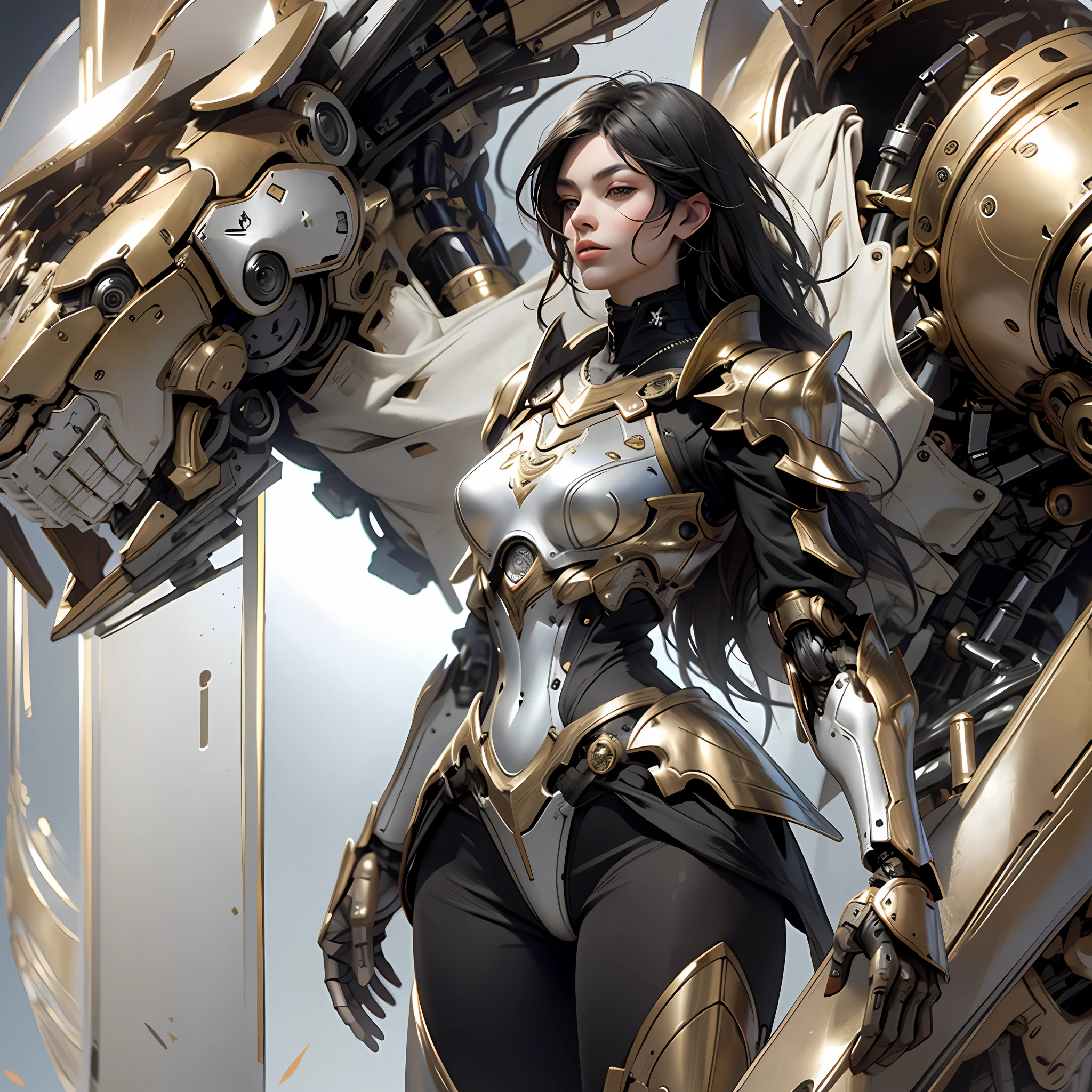 Beautiful tall woman with robotic armor with super realistic and well detailed black hair