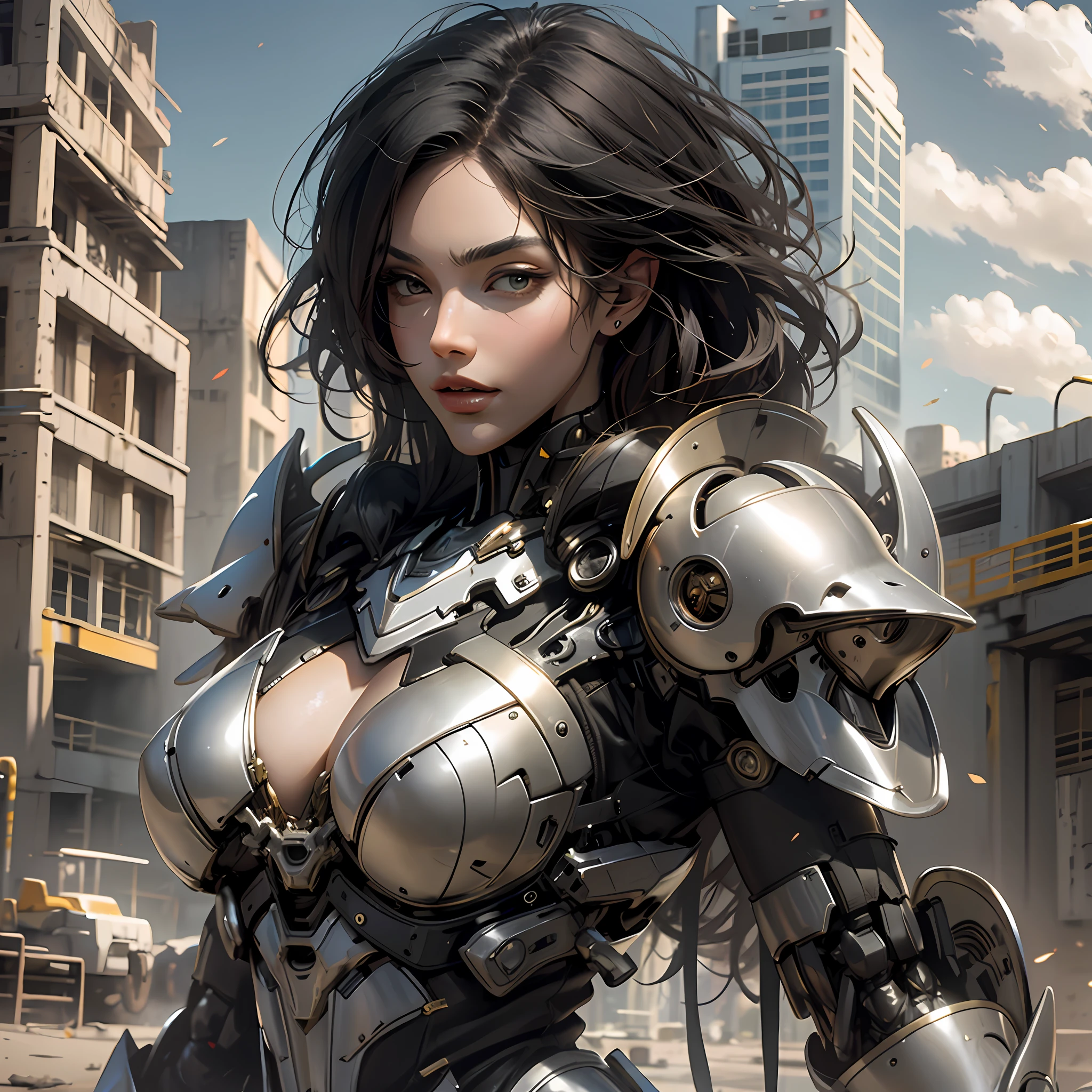 Beautiful tall woman with robotic armor with super realistic and well detailed black hair