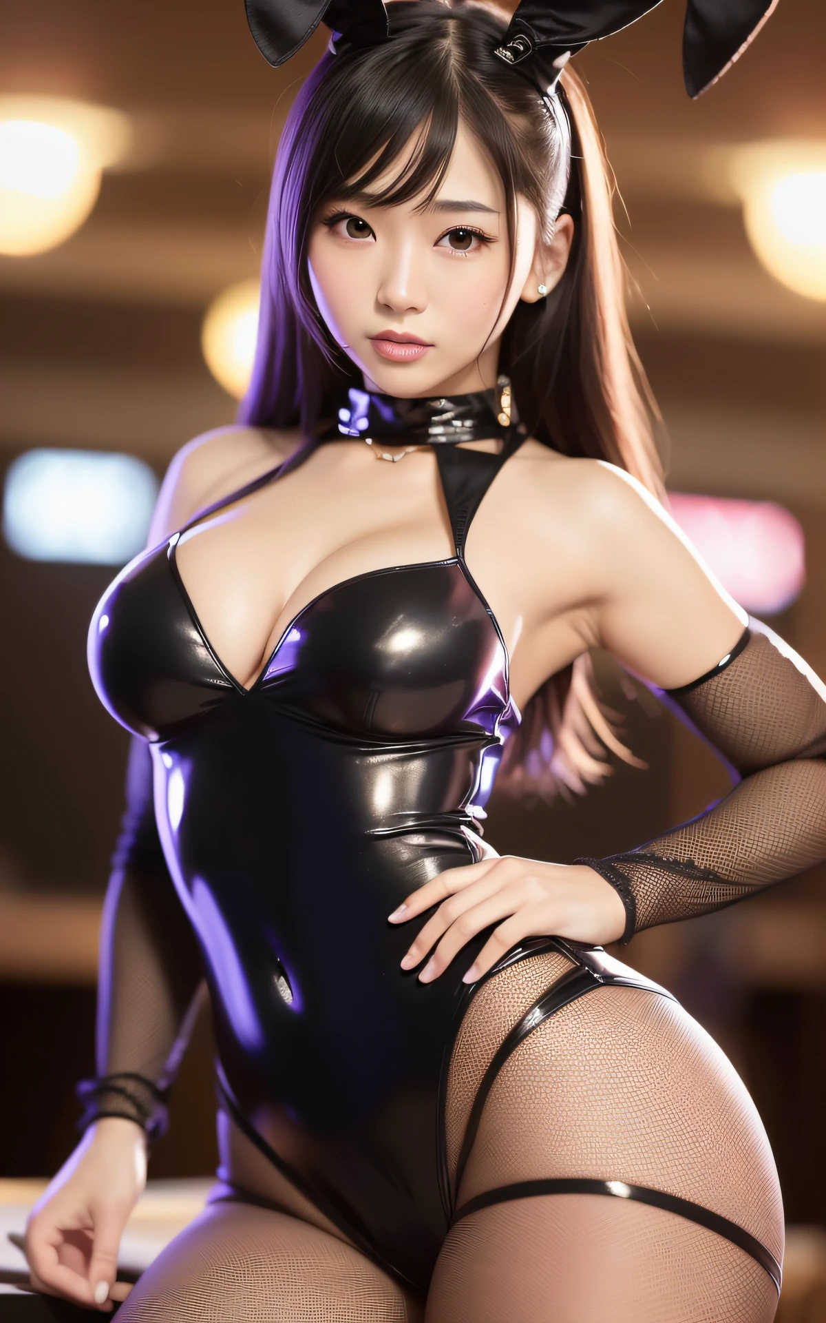 ((16k, RAW photos, top quality, masterpiece)), high-definition RAW color, photo professional close-up photos, (realistic, photorealism: 1.3), ((erotic, sexy, pantyhose, ultra high resolution, bright lighting, precise hands)), (NSFW)), detailed eyes, erotic, fine skin, (cute: 1.2), (bunny girl)))),collarbone, ( JPOP Idol)), ((Real Girl, Realistic Face, Neat, Seductive Posture, Attractive, Sexy Pose: 1.2)), Shiny Bodysuit, (Casino Background: 2.0), Asian Girl, Short Cuts