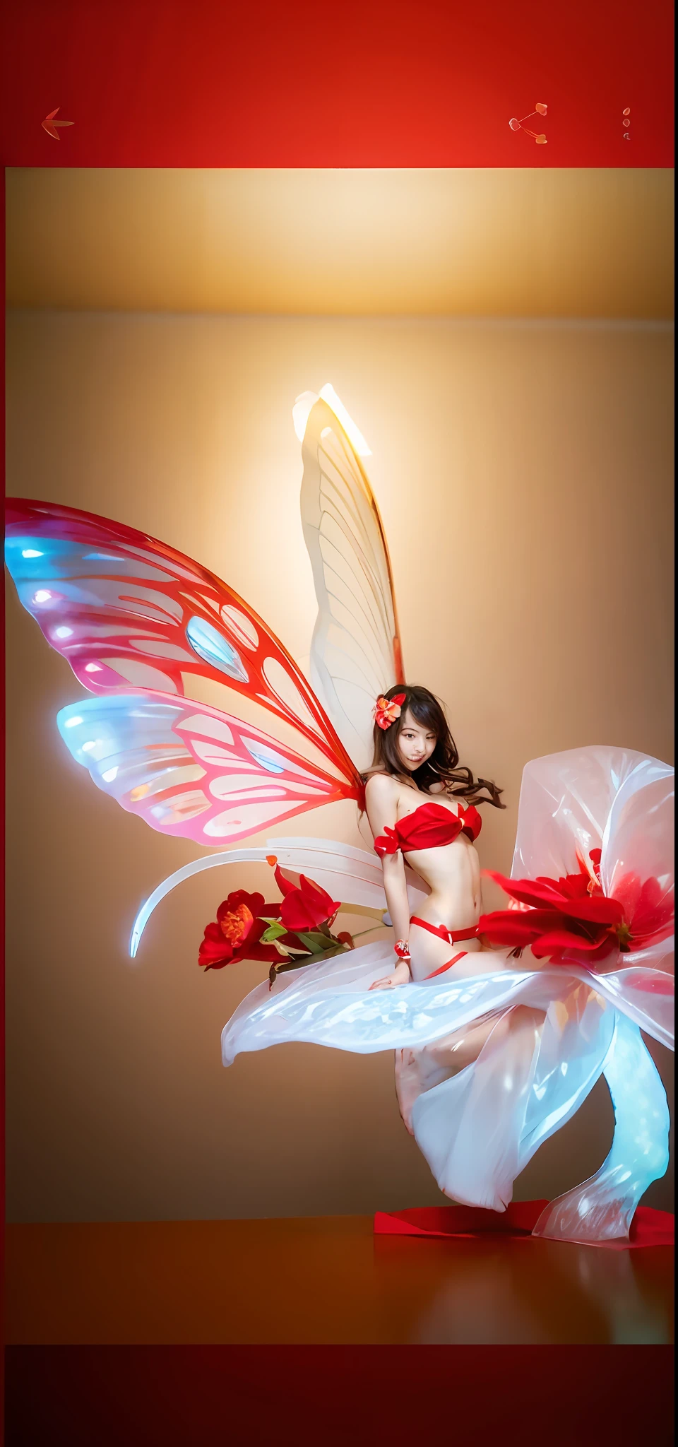 Beautiful 16 year old beautiful girl, micro bikini, fairy with transparent wings, light colored red flowers,