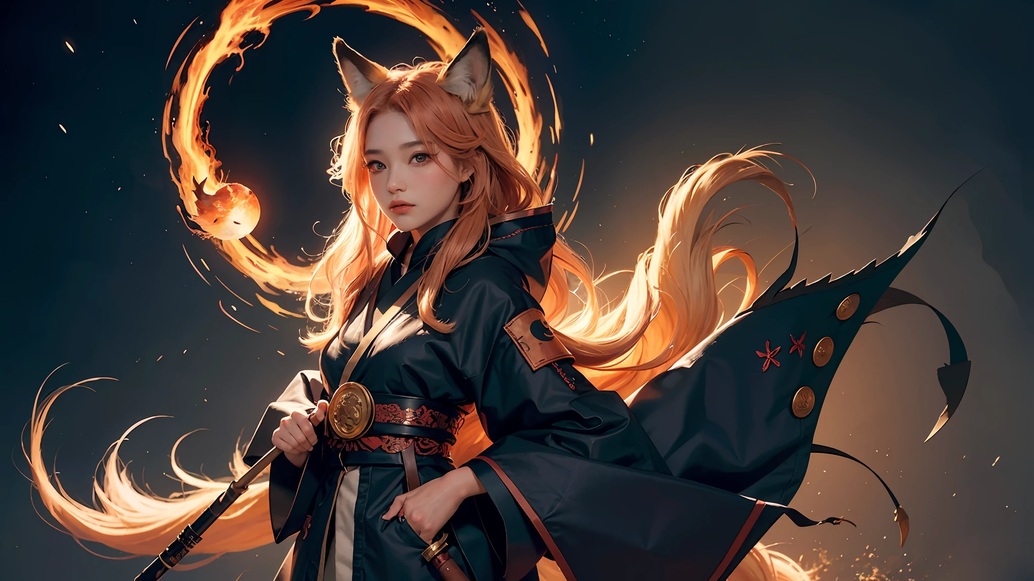 1girl,solo,
official art, unity 8k wallpaper, ultra detailed, beautiful and aesthetic, beautiful, masterpiece, best quality,
Kitsune witch, fox mask, haori jacket, foxfire spell, fox familiar, transformation,