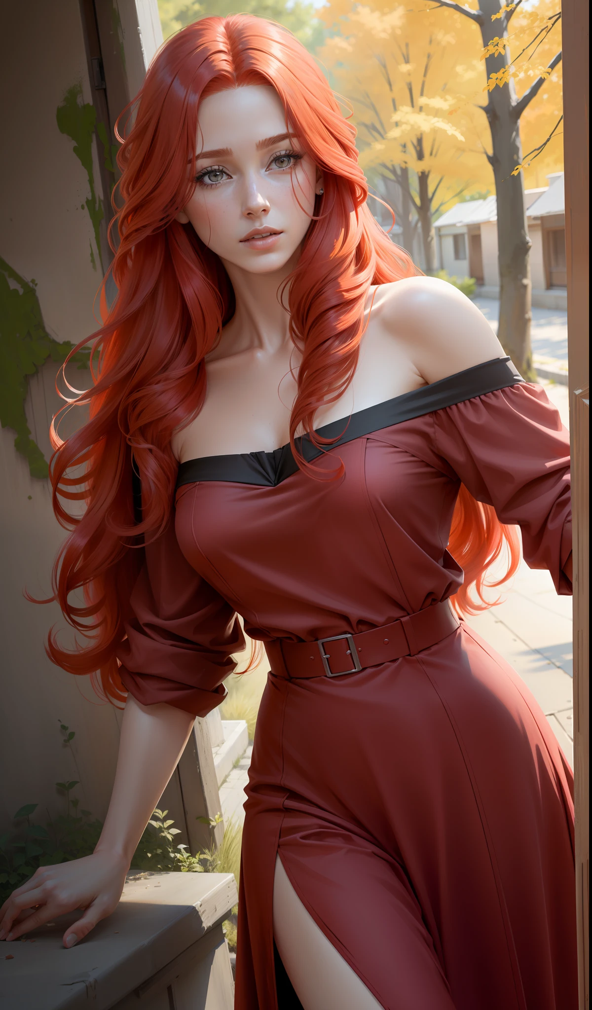 "((((realistic))), ((((woman)))), straight from real life, with (hair_red) red hair, painting a picture, shade of a tree, intense and voluminous red hair, flowing dress, side photo)