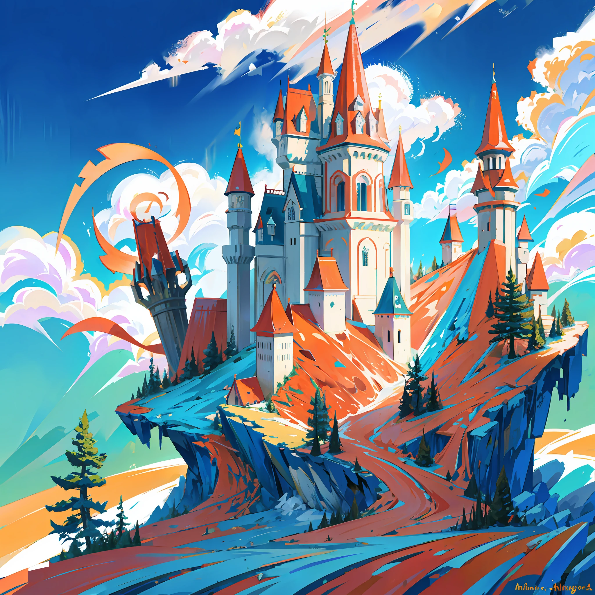 Anthill in form of a Castle on top of a high stone mountain which is covered by spruce trees; mythical; unrealistic; fancy