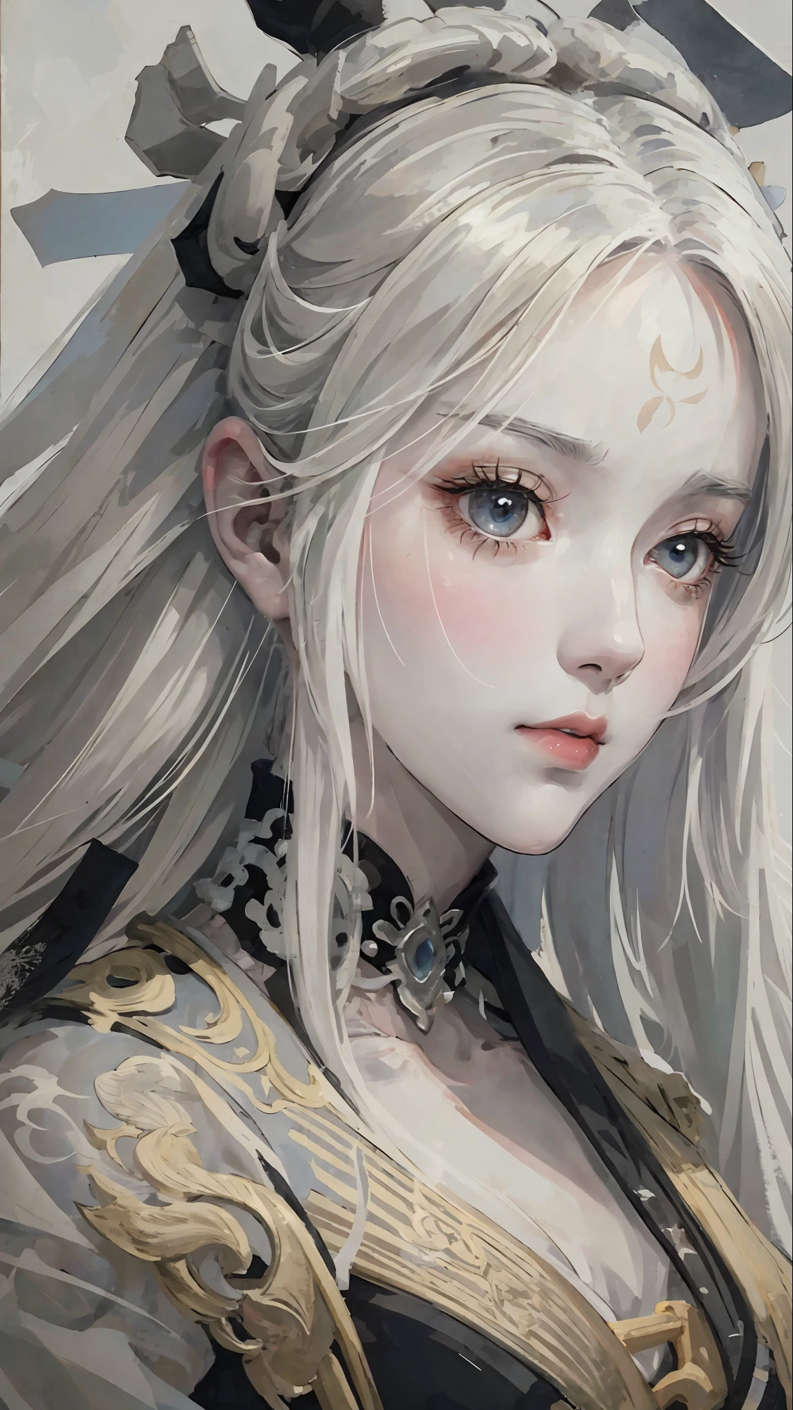 Close-up of a woman with white hair and white mask, beautiful character painting, costume black and white ink style, face delicate color, watercolor, light color, martial arts style, national style, detailed beautiful face, waist seal, sharp eyes