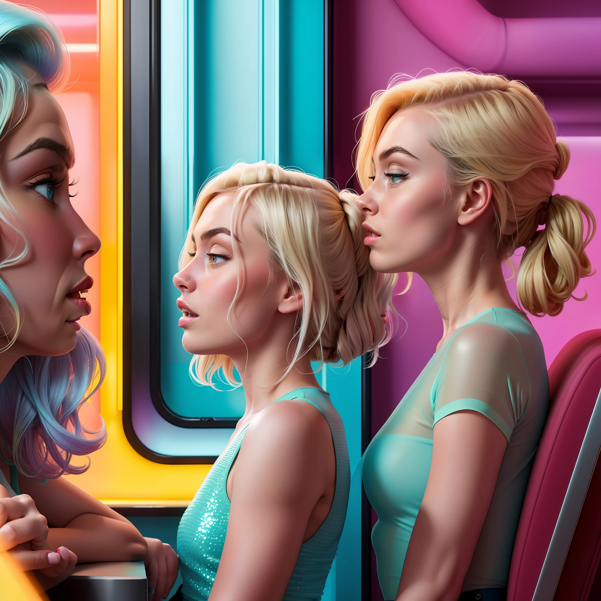 Neon, 8K, portrait, highly-detailed, taken from side view, two swedish girls standing face to face, full body view, kissing, eyes closed, wearing stockings, blonde platinum hair girl facing left while second girl facing right with blonde hair, shy and blushing expression, [Margot Robbie|Brie Larson], cleavage, surreal and dreamlike setting, soft pastel colors, azure eyes, big cheeks, a high definition pastel coloured kodak photograph from a holiday photo album. the photo is a medium frame, 5 0 mm depicting the interior of an elaborate and luxurious alien hotel lobby, furniture and view. the interior was designed by wes anderson. iridescent, transparent corrugated glass, pink concrete, foam. 8 k. architectural. interior.