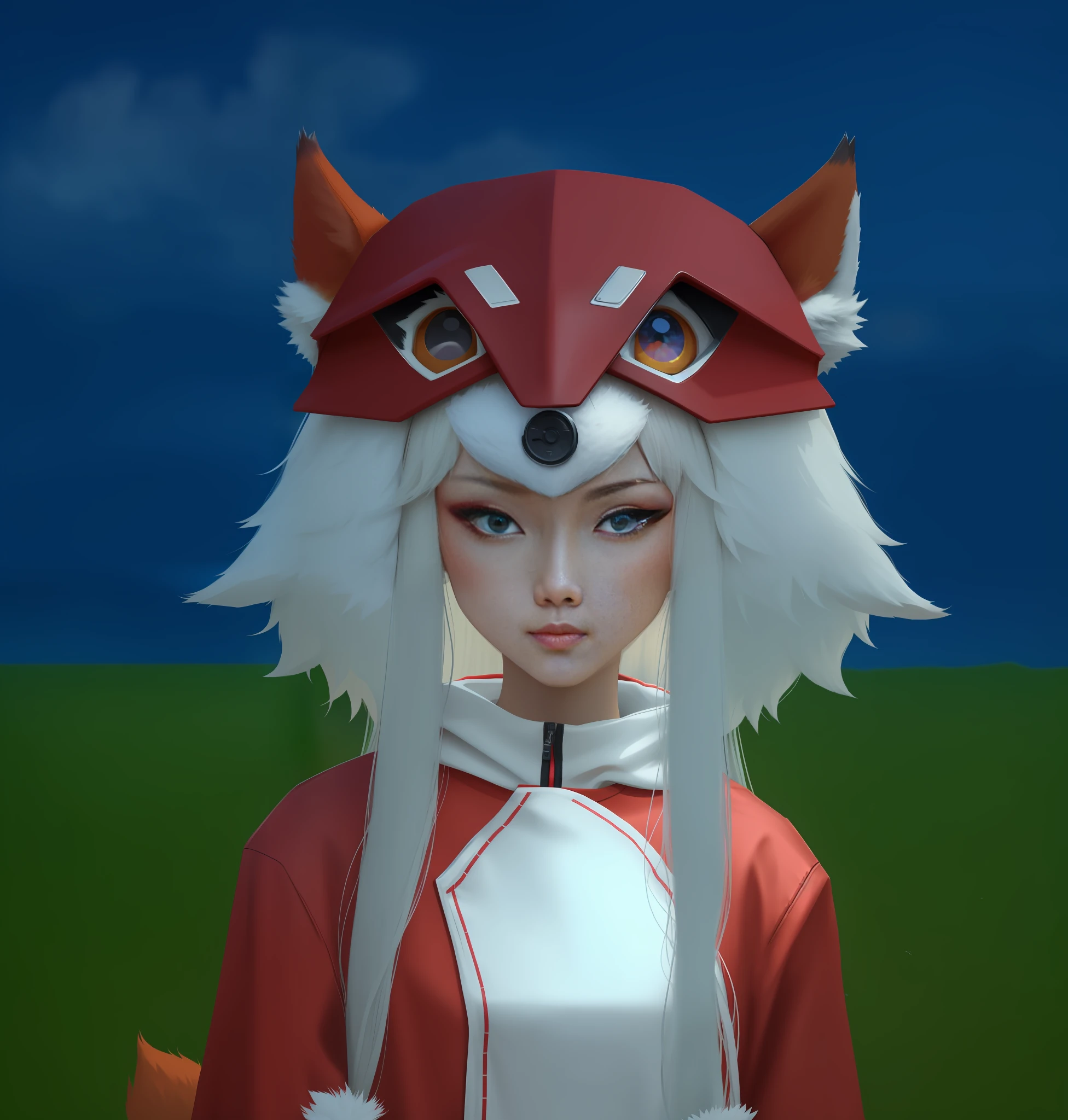 A closeup of a person wearing a fox mask and a red jacket, with kitsune mask, kitsune mask on the head, nobushi fox, foxgirl, kitsune, girl with fox ears, wearing a kitsune mask, a beautiful fox lady, a beautiful kitsune woman, holo is a wolf girl, female fox, kitsune mask, fox ears, blue eye