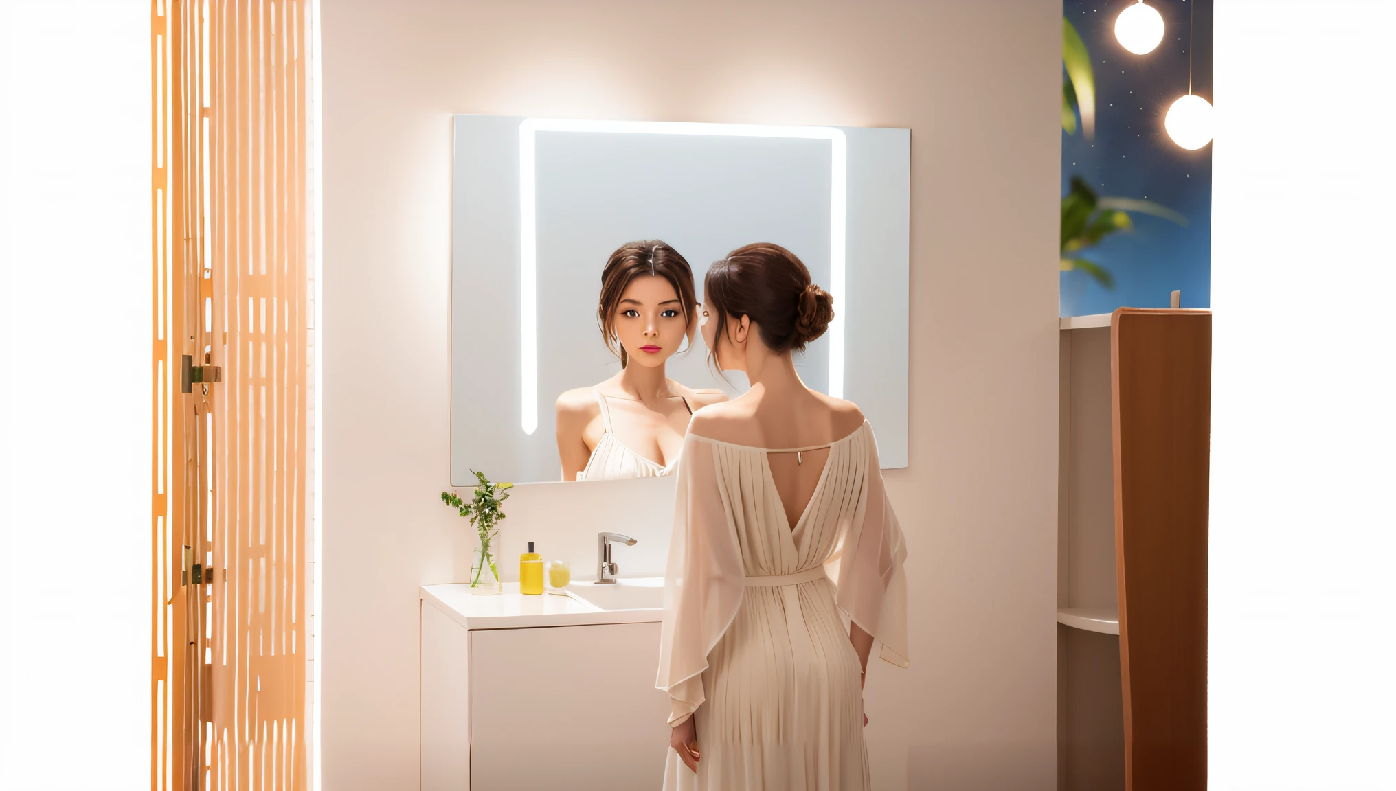 there is a woman in a white dress looking at her reflection in a mirror, eora, elegant look, product introduction photo, jia, mirror, looking in mirror, aura, colour, with a mirror, sha xi, looking in the mirror, product photo, glow, standing in front of a mirror, aurora, sienna, looking in a mirror, soft glow, led