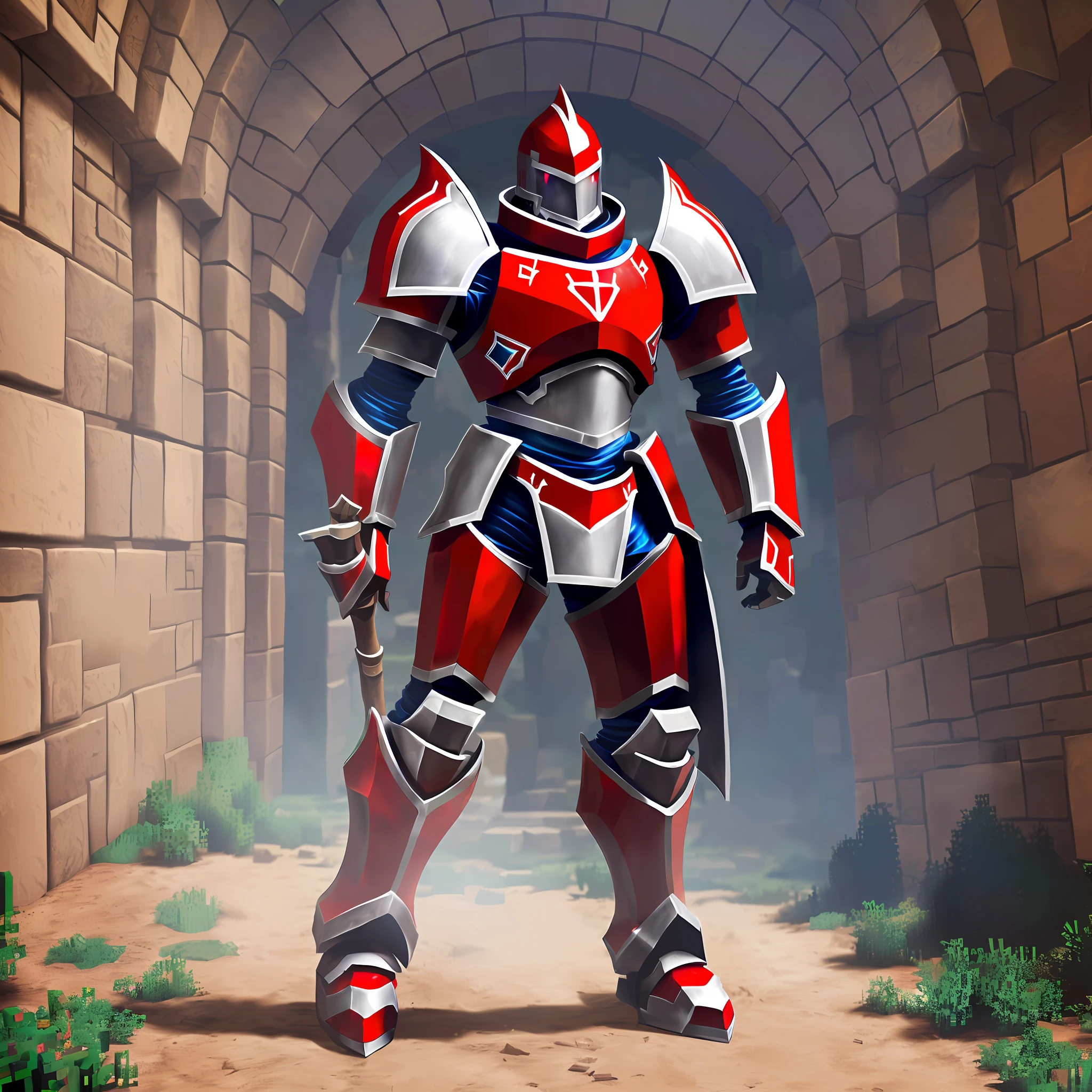 Full body image of ChromaKnight the Techno Templar, is a medieval robot-style knight from the game minecraft, in the colors blood red, blue and white --auto --s2