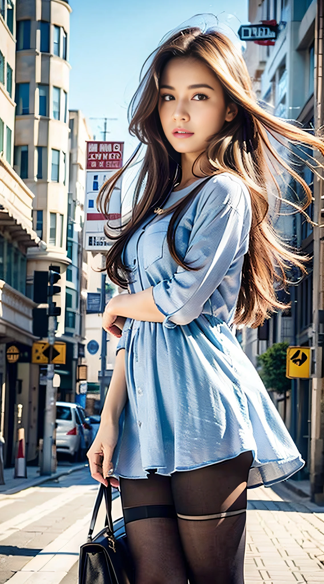 ((Best Quality, 8k, Masterpiece: 1.3)), 1 Girl, Free Expression, ((Full Body: 1.3)), Free Pose, Innocent Pose, Slim Face, Pretty Woman, (Free Hair Color), Tunic of Free Color: 1.1, Tunic Above the Knee, Simple Pattern, Fashionable Footwear, Ultra Detailed Face, Fine Eyes, Double Eyelids, Blurred Background, Slim Face, City, Outside, Street