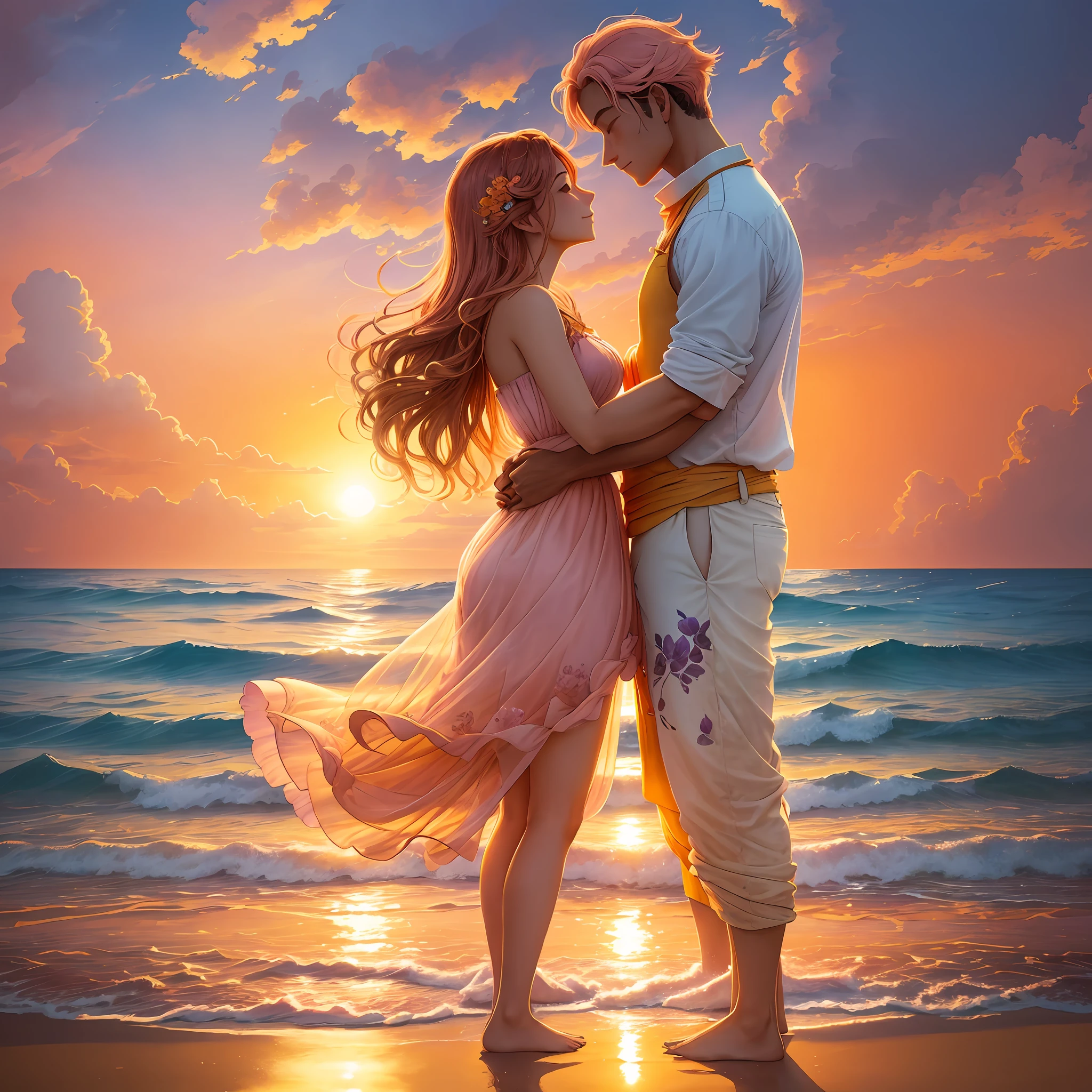 a couple stands at the edge of the sea, their feet sinking into soft, golden sand. The sun is setting on the horizon, painting the sky with a vibrant mix of orange, pink, and purple hues. Waves gently break on the shore, creating a soothing melody. A gentle breeze blows, causing the couple's hair to sway lightly. They gaze into each other's eyes with tender smiles, sharing a moment of pure serenity and connection. The tranquil ambiance and the natural beauty surrounding them create a romantic and inspiring tableau. --auto --s2
