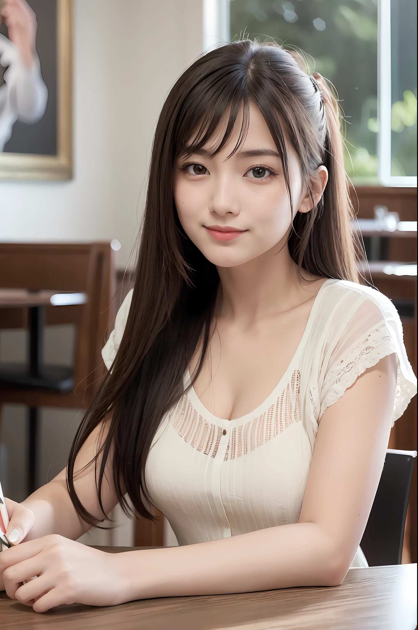 (8K, Top Quality, Masterpiece: 1.2), (Realistic, Photorealistic: 1.37), Super Detail, 1 Girl, 20 years old, Big, Beauty, Cute, Smile, Fashionable Cafe, Eating Dessert, (Nose Red), (Smile: 1.15), (With Mouth Closed), Beautiful Eyes, (Long Hair: 1.2), Floating Hair Novafrog style, upper body