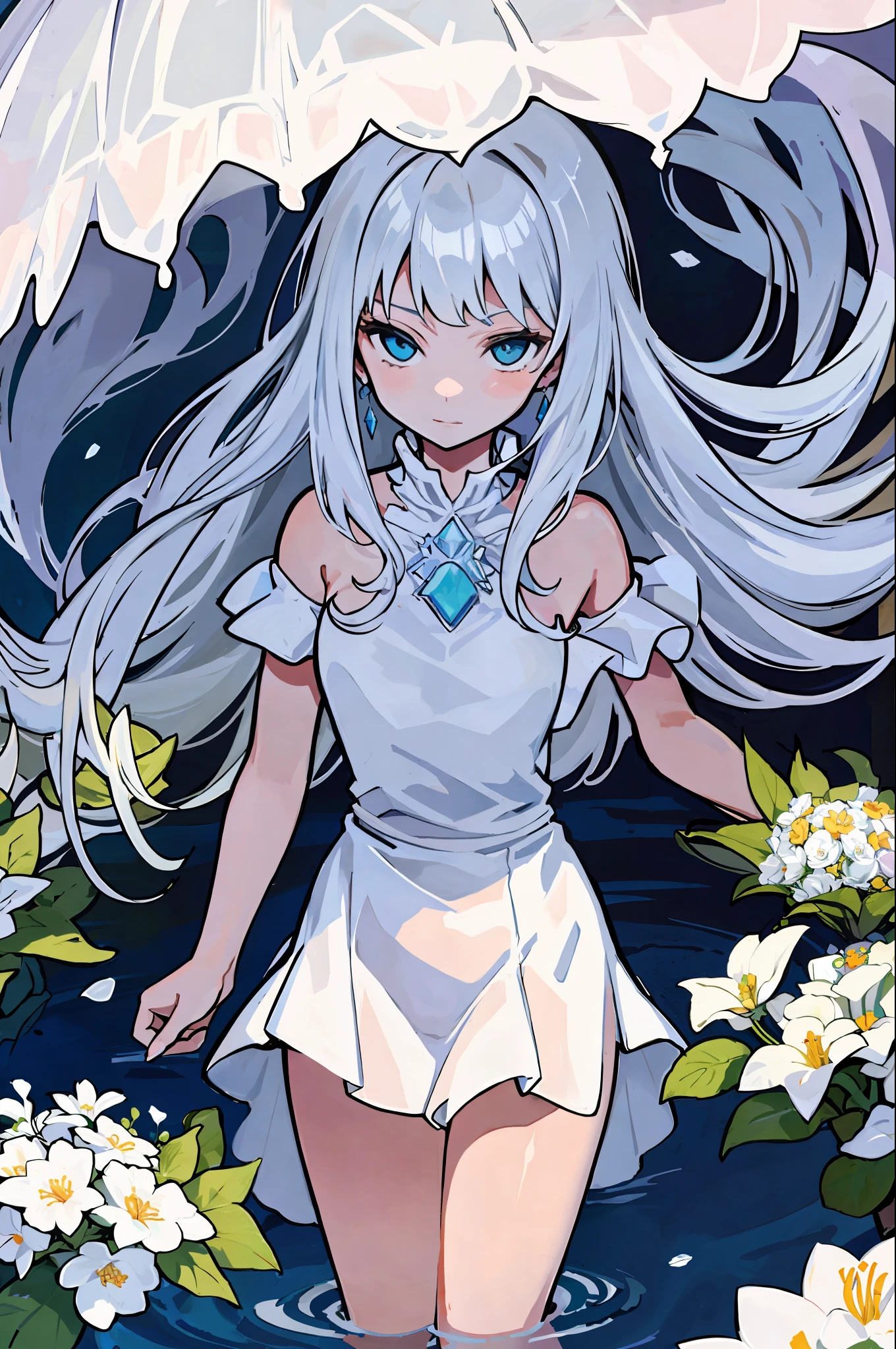 portrait of a beautiful woman wearing a white dress, holding a bouquet of flowing flowers, drenched body, wet dripping hair, emerging from the water, fantasy, regal, fractal crystal, fractal gems