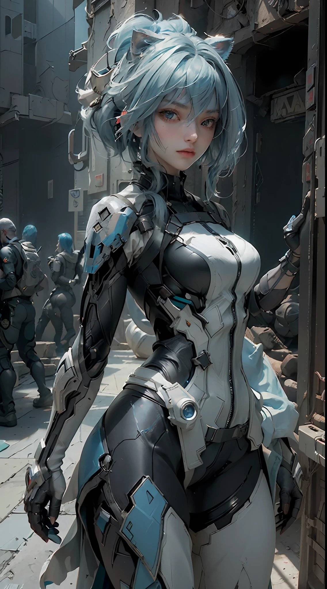 ((Best Quality)), ((Masterpiece)), (Detail: 1.4), 3D, A Beautiful Cyberpunk Female Figure, Blue Hair, Mercenary Armor, Cat Ears, HDR (High Dynamic Range), Ray Tracing, NVIDIA RTX, Super-Resolution, Unreal 5, Subsurface Scattering, PBR Texture, Post-Processing, Anisotropic Filtering, Depth of Field, Maximum Sharpness and Sharpness, Multi-layer Texture, Albedo and Highlight Map, Surface shading, Accurate simulation of light-material interactions, Perfect Proportions, Octane Render, Dichroic Light, Large Aperture, Low ISO, White Balance, Rule of Thirds, 8K RAW,