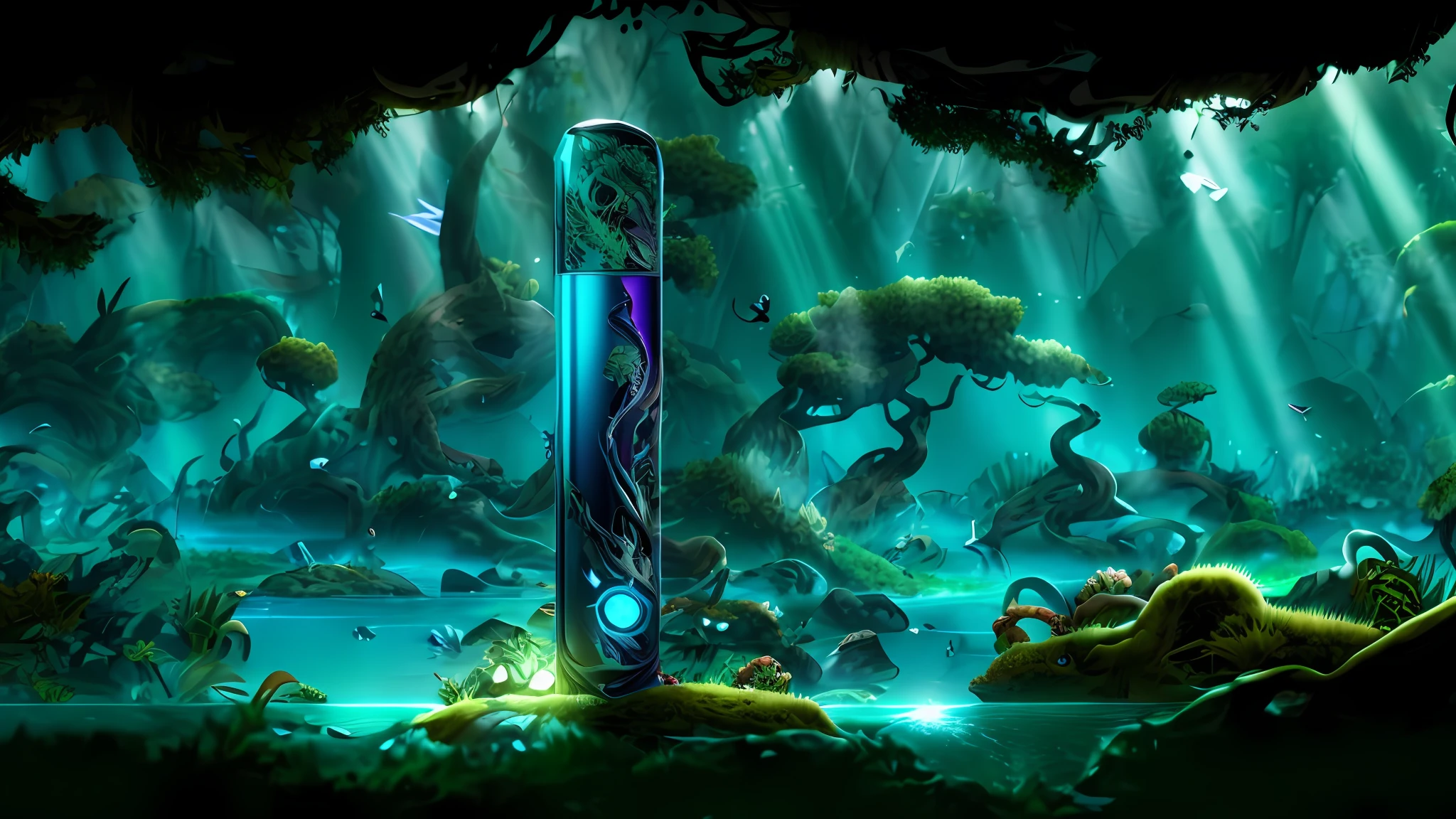 An e-cigarette product picture, masterpiece, best quality, (very detailed CG unity 8k wallpaper), (best quality), (best illustration), (best shadow), forest theme with natural elements, placed on marble surface, does not change the theme