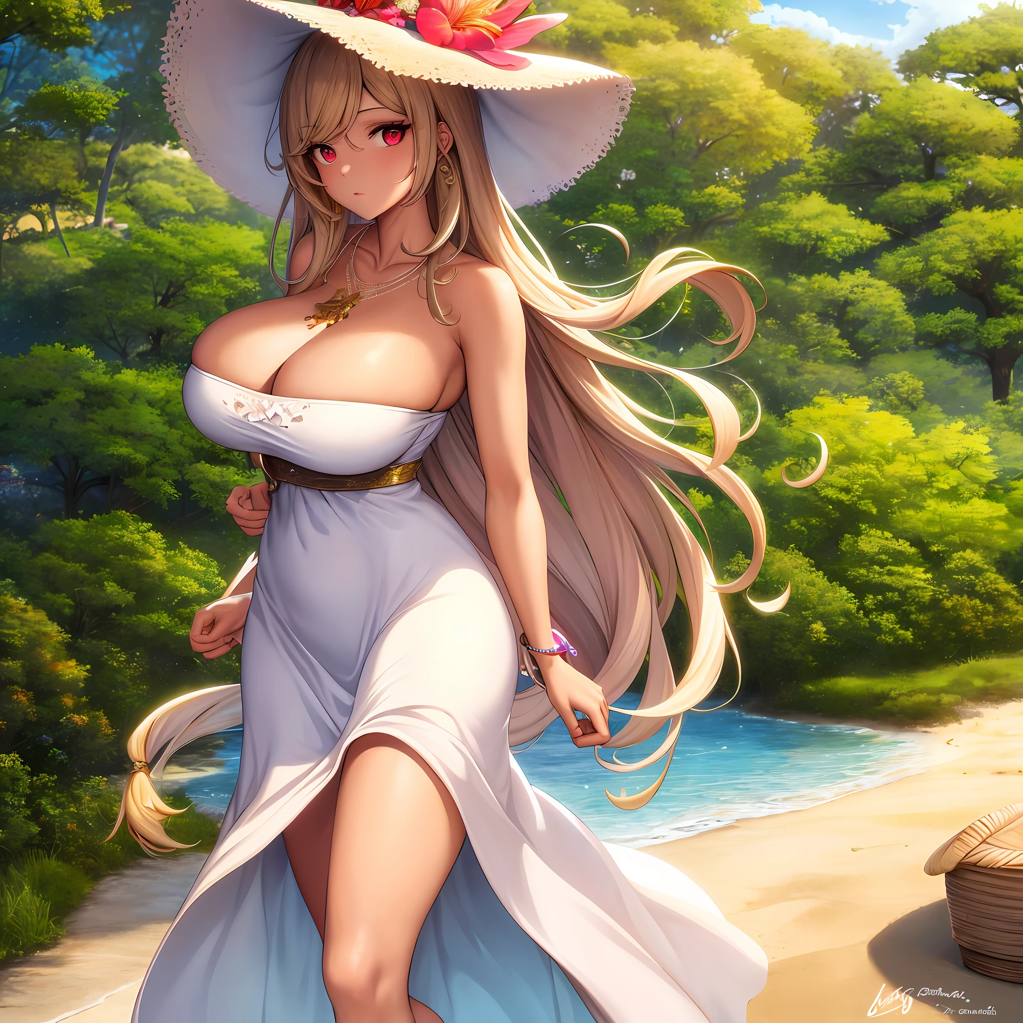 (masterpiece:1.2, best quality), (1lady, solo, up Qa per body:1.2), clothing: white flowing long skirt, wide-brimmed hat, lace

Sandals, accessories: shell necklace, hair: loose beach waves, makeup: natural, glowing skin, behavior: relaxed, carefree, free-spirited, location: beach, resort, outdoor festival, red eyes, huge ,