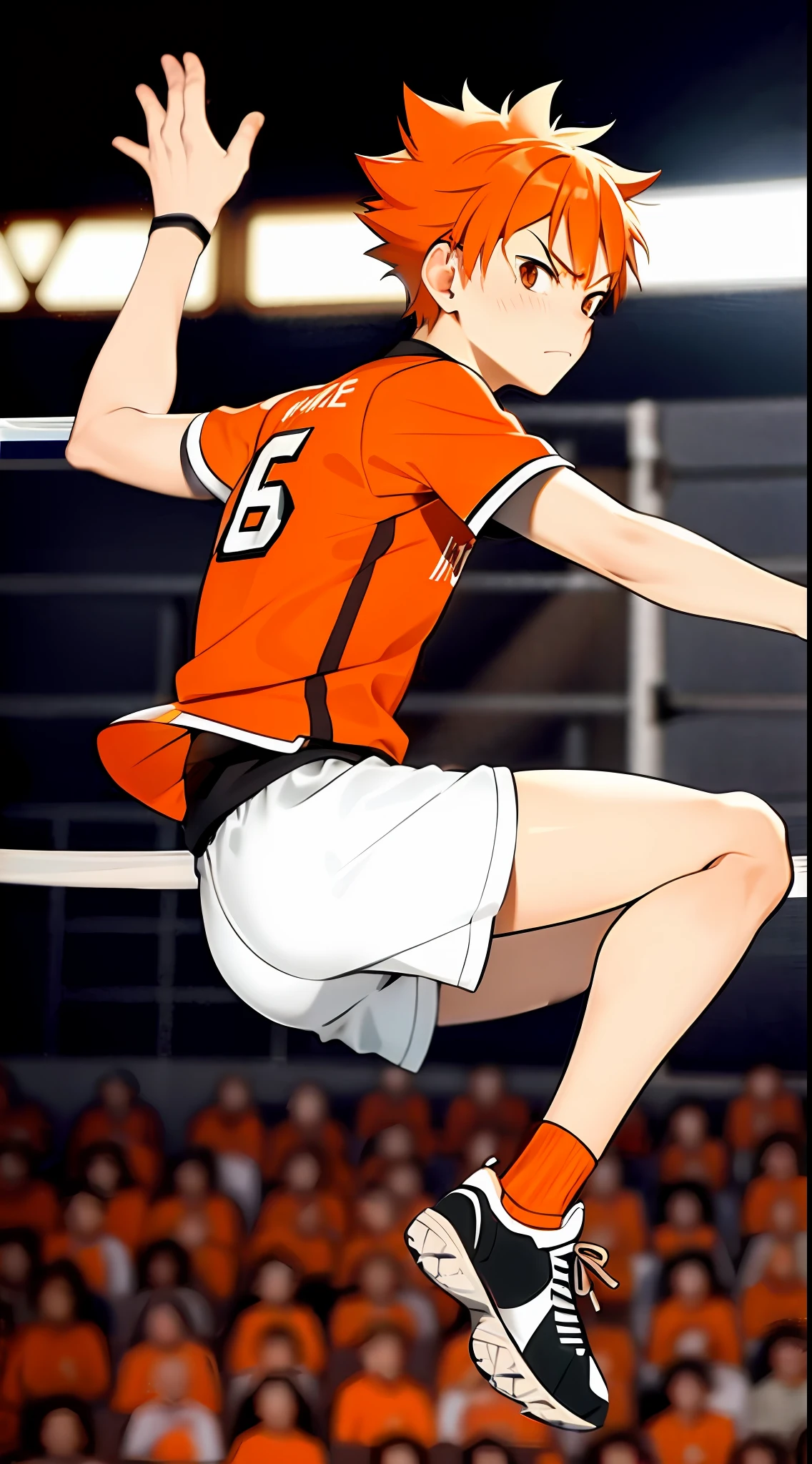 Shoyo Hinata,ultra detailed face,1boy,playing voleyball,spiking the ball in air,over the net,jumping,short orange hair,volleyball outfit,angry look,side view,closed mouth,short neck,pointy chin,cat eyes,full body,receving the ball with his hands,crow fethers behind him falling down,jumping in the air