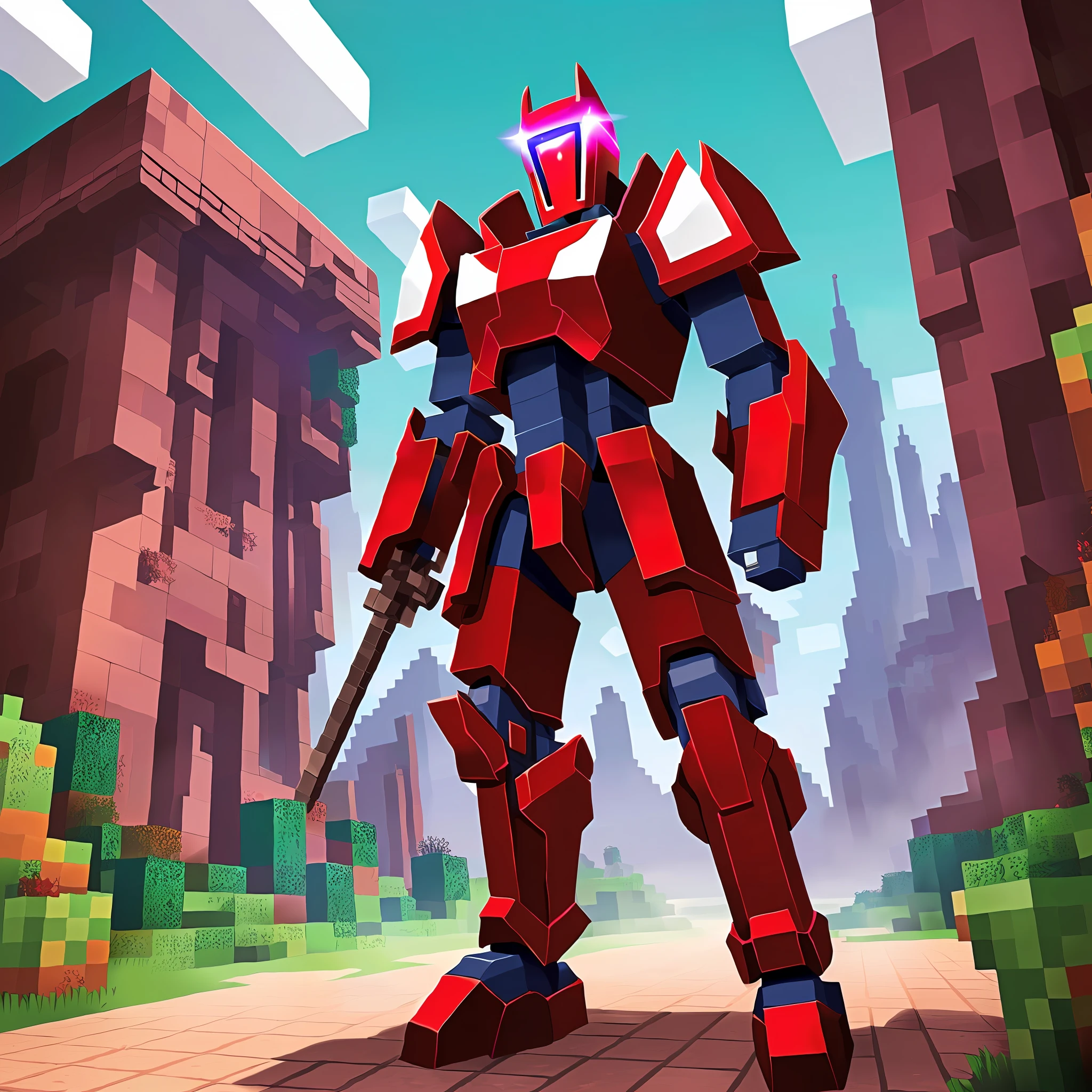 Full body image of ChromaKnight the Techno Templar, is a medieval robot-style knight from the game minecraft, in the colors blood red, blue and white --auto --s2
