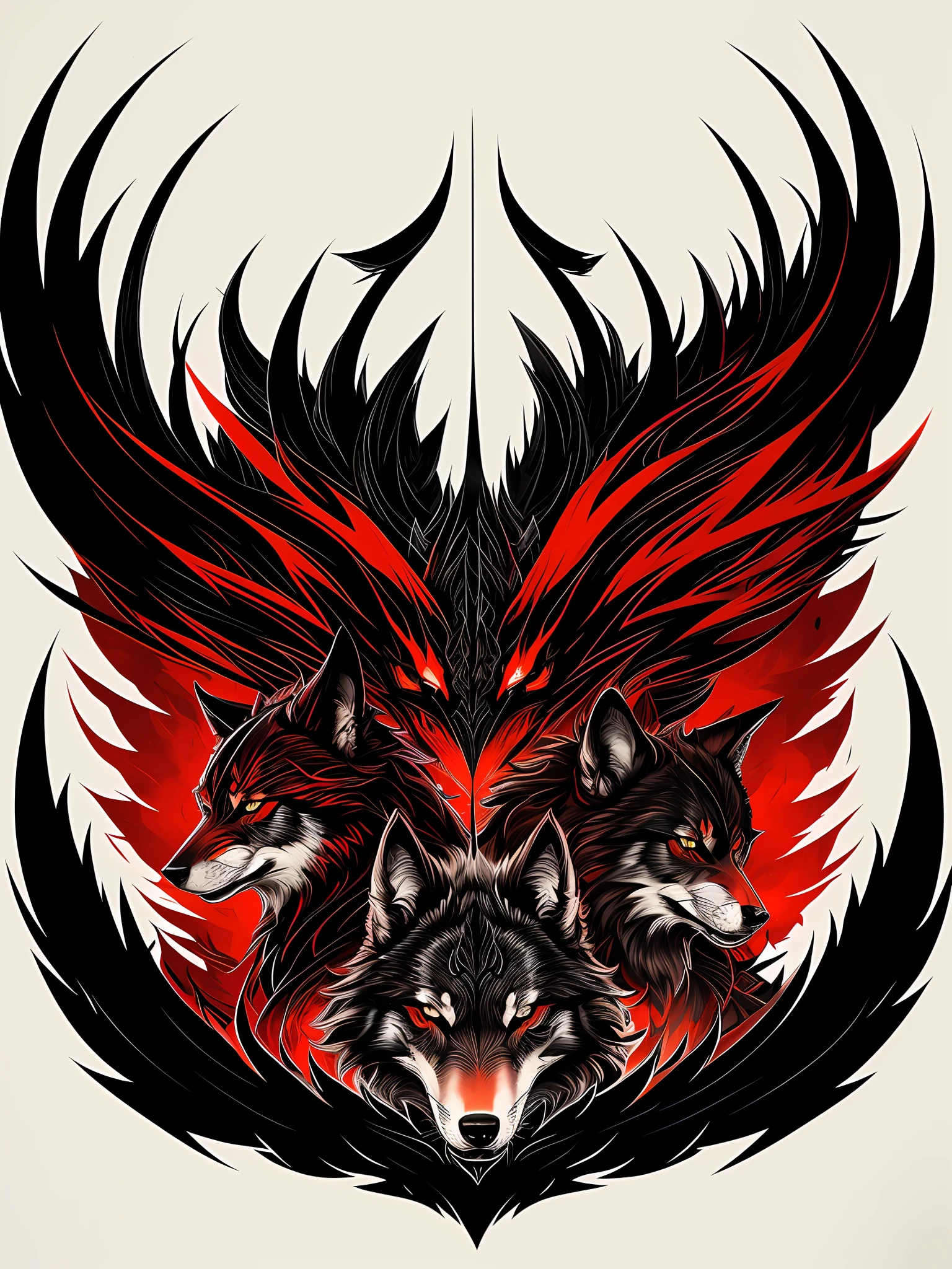 Based on the character Zhong, Zhong, red and black design, tattoo design, concept tattoo design, very coherent stylized artwork, mysterious art style, art cover illustration, detailed digital art, four wolf heads in a square bite each other, two vertical wolf teeth in the middle of the wolf, and a heart under the wolf