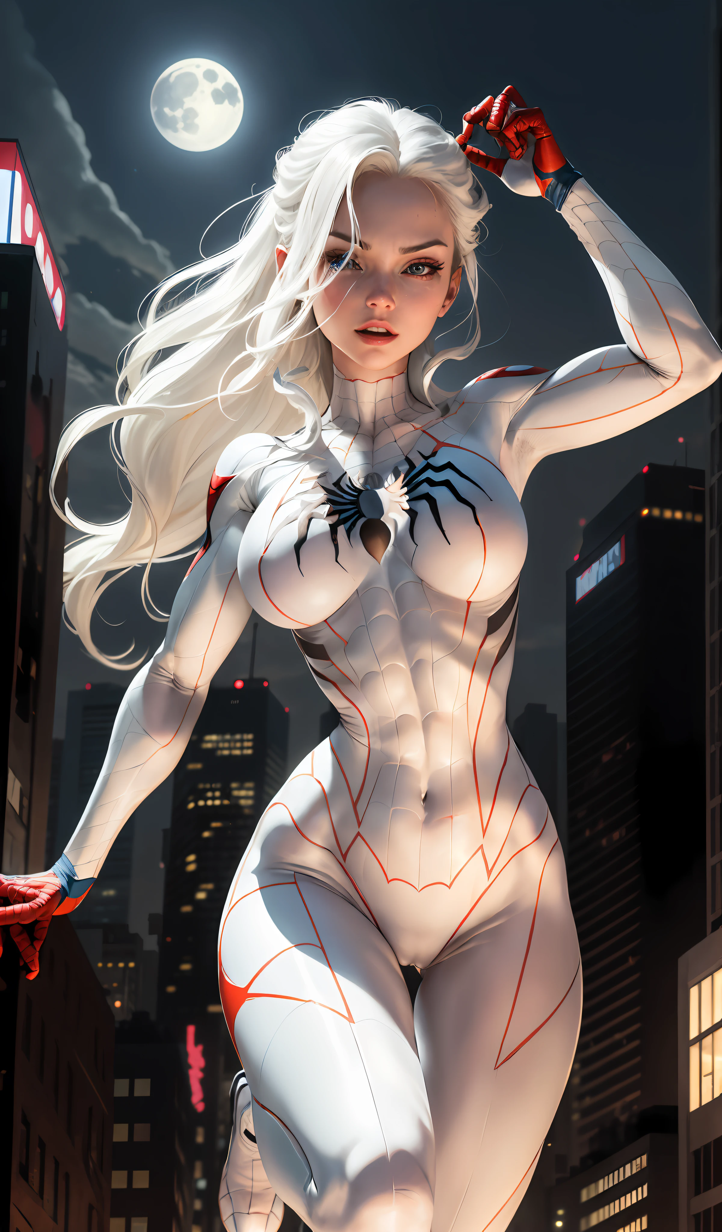 (Masterpiece, 4k resolution, ultra-realistic, very detailed), (White superhero theme, charismatic, there's a girl on top of town, wearing Spider-Man costume, she's a superhero), [ ((25 years), (long white hair:1.2), full body, (blue eyes:1.2), ((Spider-Man pose),show of strength, jumping from one building to another), ((sandy urban environment):0.8)| (cityscape, at night, dynamic lights), (full moon))] # Explanation: The Prompt mainly describes a 4K painting of ultra-high definition, very realistic, very detailed. It shows a superheroine at the top of the city, wearing a Spider-Man costume. The theme in the painting is a white superhero theme, the female protagonist has long white hair, is 25 years old and her entire body is shown in the painting. In terms of portraying the actions of superheroines, spiders are employed