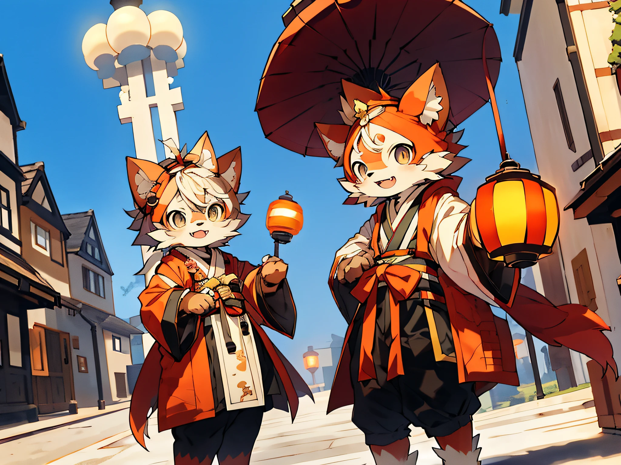 Anime characters dressed in costumes, holding lanterns in front of buildings, very, very cute furry art furry cute hanfu short shota beast paw