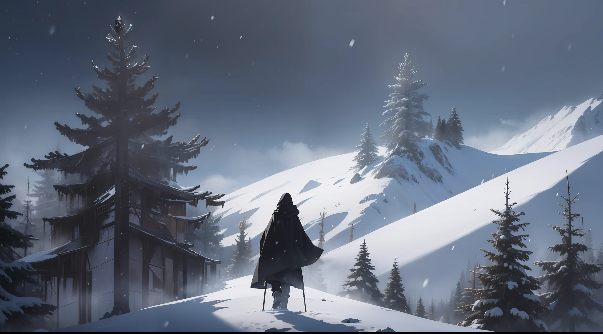 Someone mysterious hooded in medieval black clothes climbing the snowy mountains in the middle of the pine forest during the snow in winter create a snowstorm and a striking image distant and mysterious because of the distance we can not see the face of the man who is hooded