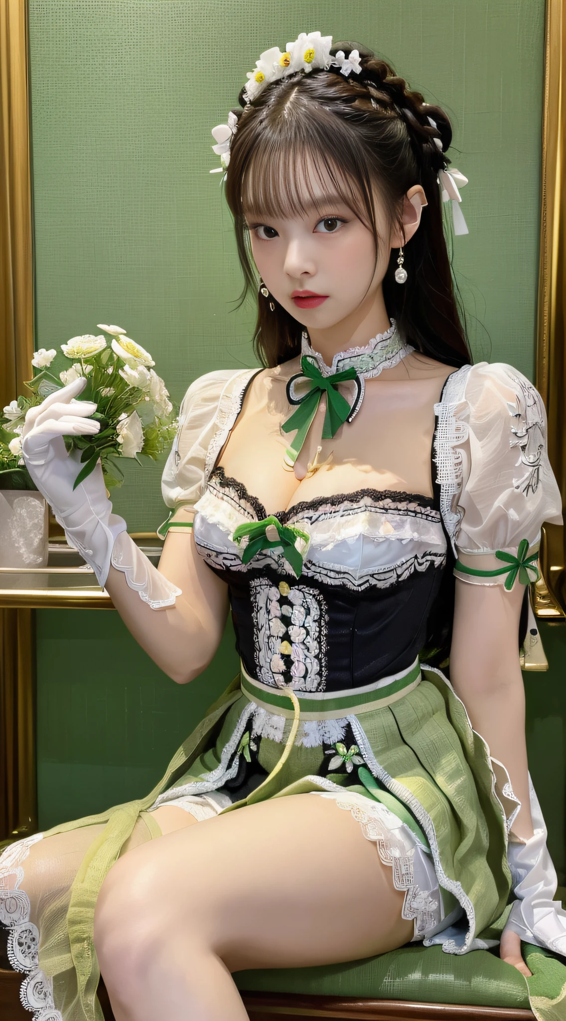 Masterpiece, Superb Painting, Realism, Jennie Avatar, Cosplay, Maid, Cafe, 1 Female, (Hanfu, Surfacewear, Black Shorts, Embroidery, Flowers, Lace, Decoration, Cleavage, Gloves, Long Legs, White with Green Linen Skirt, Round Neck, Folded Collar),