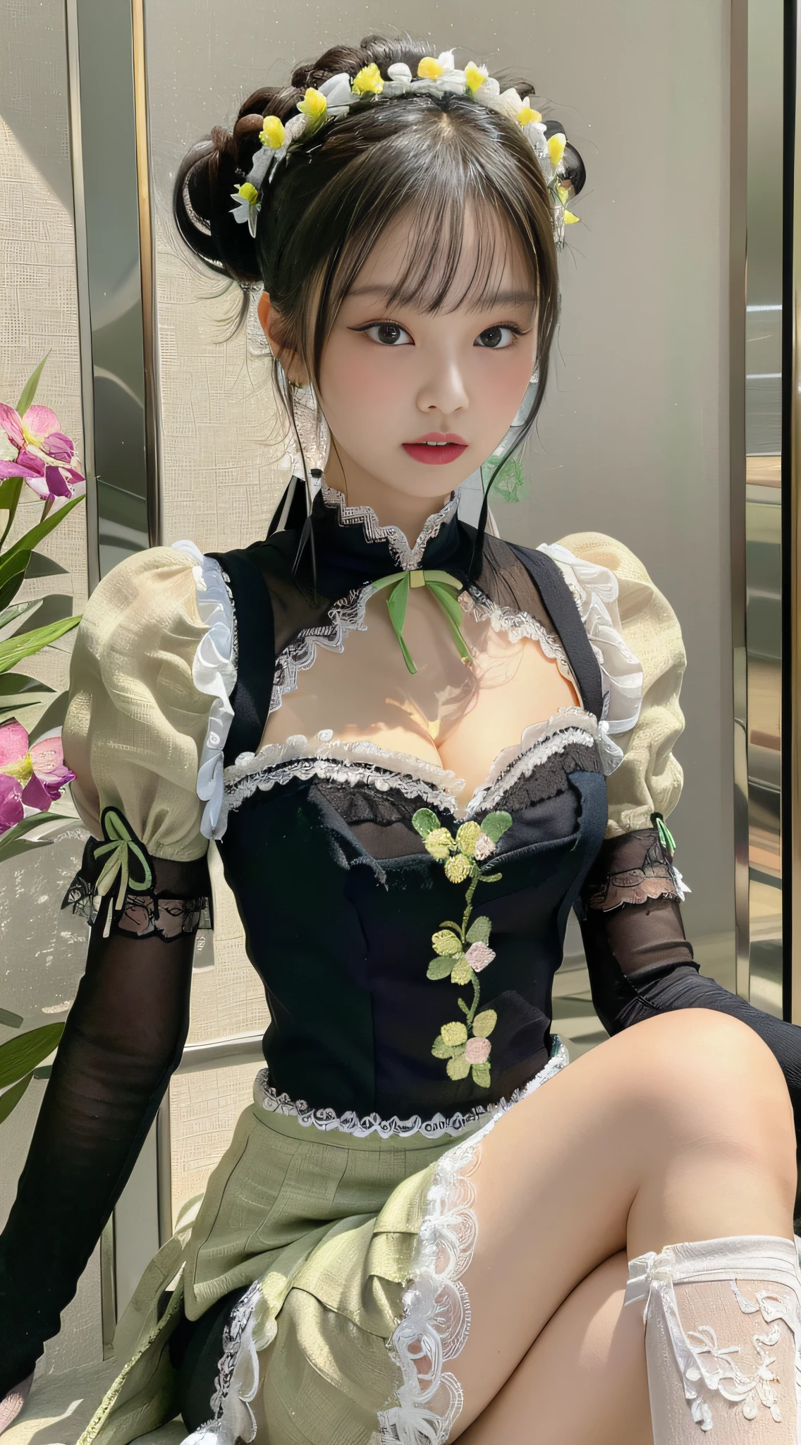 Masterpiece, Superb Painting, Realism, Jennie Avatar, Cosplay, Maid, Cafe, 1 Female, (Hanfu, Surfacewear, Black Shorts, Embroidery, Flowers, Lace, Decoration, Cleavage, Gloves, Long Legs, White with Green Linen Skirt, Round Neck, Folded Collar),