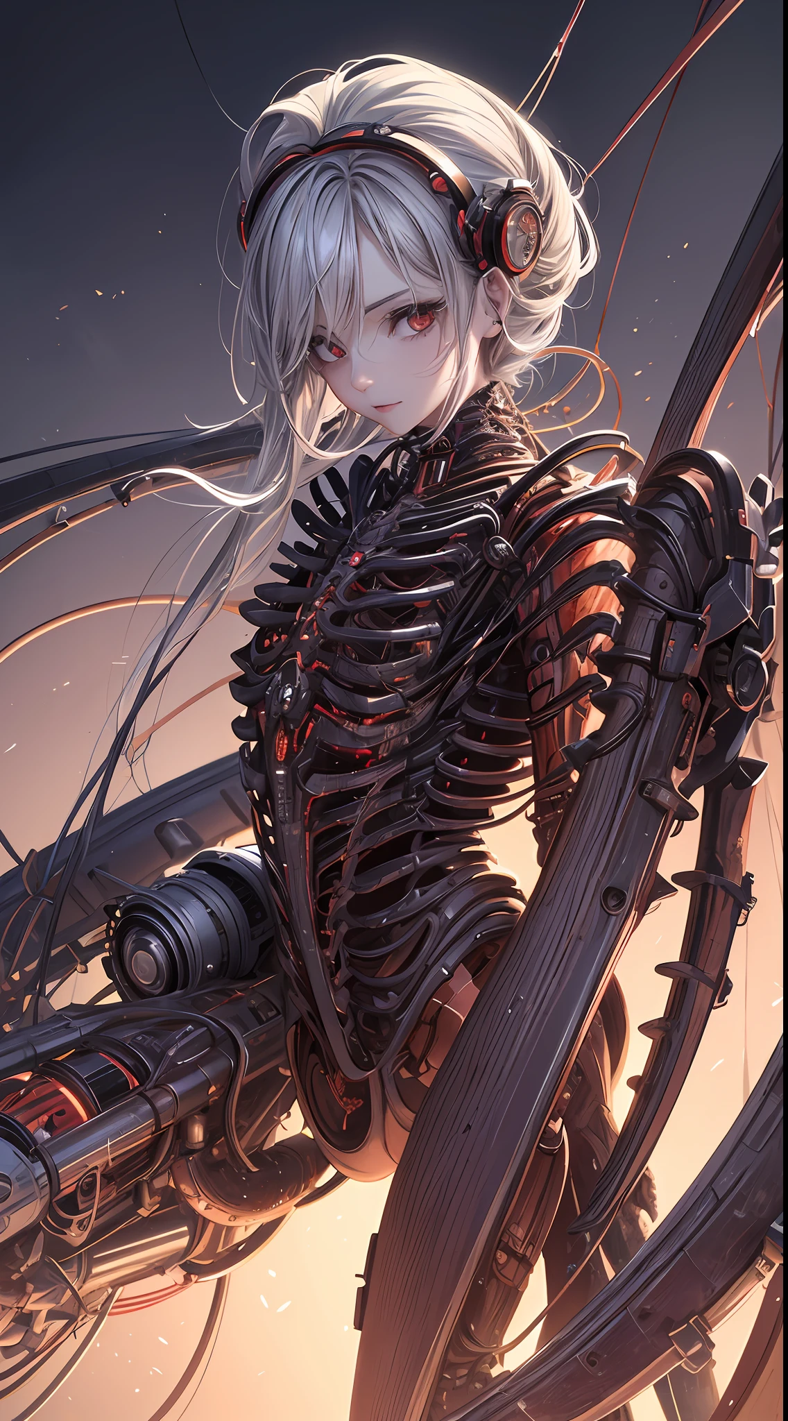 (((Masterpiece))), ((Best Quality)), (Super Detail), (CG Illustration), (Very Evil and Beautiful)), Cinematic Light, ((1 Mechanical Girl)), Single, (Mechanical Art: 1.4), ((Mechanical limb)), (Blood vessel attached to a tube), ((Mechanical spine attached to the back)), ((Mechanical cervical vertebrae attached to the neck), (Back to the viewer)), expressionless, ( Wires and cables attached to the head and body: 1.5), Science Fiction, Apocalypse, Ruins, (Lower Body Integrated with Mechanical Devices), (Blood: 1.5), Cruelty, Absurdity, Eroticism, Fusion with Machines, Doomsday Time, Super Future, Inorganic, Laboratory, Restraint, (Beautiful Indulgence: 1.2), (1 Girl: 1.3), Body Wrapped Around Mechanical Tentacles