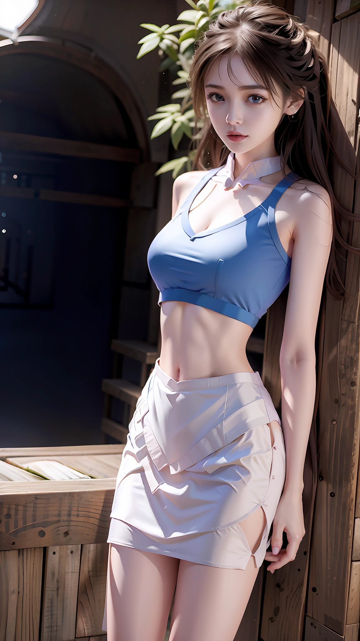 Arad woman, crop top , sleeveless, summer, thin waist, satin, sand creek, crop top , flowers, floral detail, rendering, CG society, floral dream, halter neck top, semi-realistic, semi-realistic, big chunky legs, suspenders, , navel, hip skirt, wide hips, thin waist