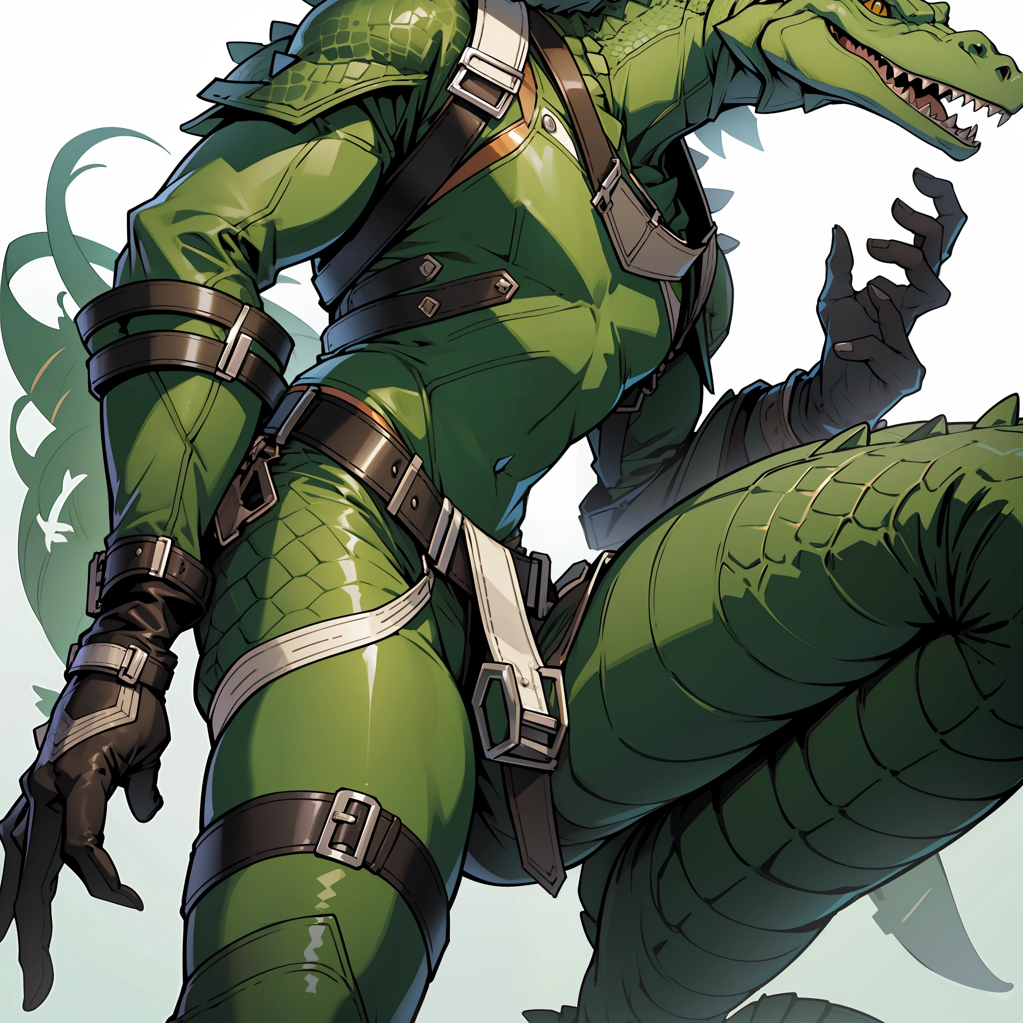 Normalpenis, erect, genitalia, 20 years old, crocodile, ((solo)) (masterpiece:1.2), anthro, high quality:1.3, fullbody, green body, fluffy, white background, looking up perspective, leather gear, bulge --auto --s2